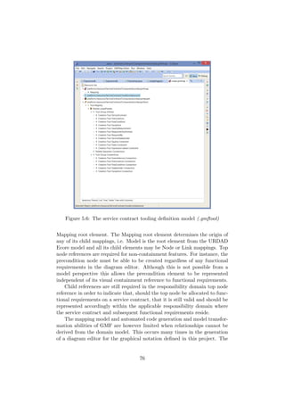 Figure 5.6: The service contract tooling deﬁnition model (.gmftool)
Mapping root element. The Mapping root element determines the origin of
any of its child mappings, i.e. Model is the root element from the URDAD
Ecore model and all its child elements may be Node or Link mappings. Top
node references are required for non-containment features. For instance, the
precondition node must be able to be created regardless of any functional
requirements in the diagram editor. Although this is not possible from a
model perspective this allows the precondition element to be represented
independent of its visual containment reference to functional requirements.
Child references are still required in the responsibility domain top node
reference in order to indicate that, should the top node be allocated to func-
tional requirements on a service contract, that it is still valid and should be
represented accordingly within the applicable responsibility domain where
the service contract and subsequent functional requirements reside.
The mapping model and automated code generation and model transfor-
mation abilities of GMF are however limited when relationships cannot be
derived from the domain model. This occurs many times in the generation
of a diagram editor for the graphical notation deﬁned in this project. The
76
 