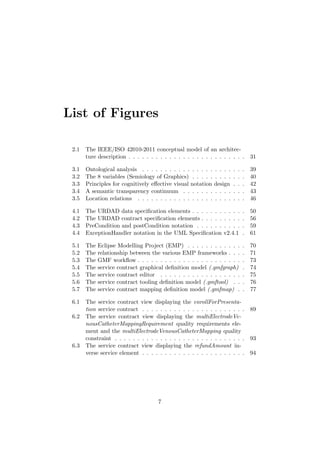 List of Figures
2.1 The IEEE/ISO 42010-2011 conceptual model of an architec-
ture description . . . . . . . . . . . . . . . . . . . . . . . . . . 31
3.1 Ontological analysis . . . . . . . . . . . . . . . . . . . . . . . 39
3.2 The 8 variables (Semiology of Graphics) . . . . . . . . . . . . 40
3.3 Principles for cognitively eﬀective visual notation design . . . 42
3.4 A semantic transparency continuum . . . . . . . . . . . . . . 43
3.5 Location relations . . . . . . . . . . . . . . . . . . . . . . . . 46
4.1 The URDAD data speciﬁcation elements . . . . . . . . . . . . 50
4.2 The URDAD contract speciﬁcation elements . . . . . . . . . . 56
4.3 PreCondition and postCondition notation . . . . . . . . . . . 59
4.4 ExceptionHandler notation in the UML Speciﬁcation v2.4.1 . 61
5.1 The Eclipse Modelling Project (EMP) . . . . . . . . . . . . . 70
5.2 The relationship between the various EMP frameworks . . . . 71
5.3 The GMF workﬂow . . . . . . . . . . . . . . . . . . . . . . . . 73
5.4 The service contract graphical deﬁnition model (.gmfgraph) . 74
5.5 The service contract editor . . . . . . . . . . . . . . . . . . . 75
5.6 The service contract tooling deﬁnition model (.gmftool) . . . 76
5.7 The service contract mapping deﬁnition model (.gmfmap) . . 77
6.1 The service contract view displaying the enrollForPresenta-
tion service contract . . . . . . . . . . . . . . . . . . . . . . . 89
6.2 The service contract view displaying the multiElectrodeVe-
nousCatheterMappingRequirement quality requirements ele-
ment and the multiElectrodeVenousCatheterMapping quality
constraint . . . . . . . . . . . . . . . . . . . . . . . . . . . . . 93
6.3 The service contract view displaying the refundAmount in-
verse service element . . . . . . . . . . . . . . . . . . . . . . . 94
7
 