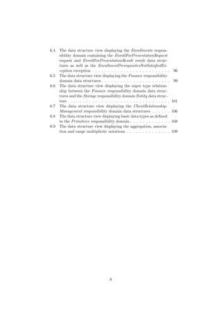 6.4 The data structure view displaying the Enrollments respon-
sibility domain containing the EnrollForPresentationRequest
request and EnrollForPresentationResult result data struc-
tures as well as the EnrollmentPrerequisitesNotSatisﬁedEx-
ception exception . . . . . . . . . . . . . . . . . . . . . . . . . 96
6.5 The data structure view displaying the Finance responsibility
domain data structures . . . . . . . . . . . . . . . . . . . . . . 99
6.6 The data structure view displaying the super type relation-
ship between the Finance responsibility domain data struc-
tures and the Storage responsibility domain Entity data struc-
ture . . . . . . . . . . . . . . . . . . . . . . . . . . . . . . . . 101
6.7 The data structure view displaying the ClientRelationship-
Management responsibility domain data structures . . . . . . 106
6.8 The data structure view displaying basic data types as deﬁned
in the Primitives responsibility domain . . . . . . . . . . . . . 108
6.9 The data structure view displaying the aggregation, associa-
tion and range multiplicity notations . . . . . . . . . . . . . . 109
8
 