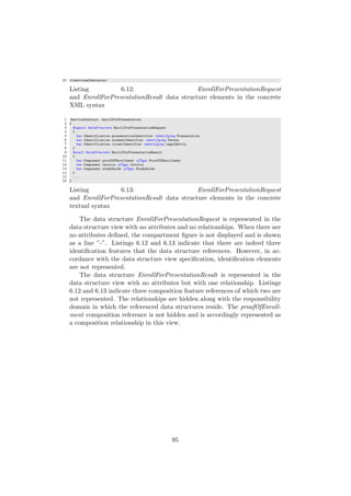 25 </servicesContracts>
Listing 6.12: EnrollForPresentationRequest
and EnrollForPresentationResult data structure elements in the concrete
XML syntax
1 ServiceContract enrollForPresentation
2 {
3 Request DataStructure EnrollForPresentationRequest
4 {
5 has Identification presentationIdentifier identifying Presentation
6 has Identification studentIdentifier identifying Person
7 has Identification clientIdentifier identifying LegalEntity
8 }
9 Result DataStructure EnrollForPresentationResult
10 {
11 has Component proofOfEnrollment ofType ProofOfEnrollment
12 has Component invoice ofType Invoice
13 has Component studyGuide ofType StudyGuide
14 }
15 ...
16 }
Listing 6.13: EnrollForPresentationRequest
and EnrollForPresentationResult data structure elements in the concrete
textual syntax
The data structure EnrollForPresentationRequest is represented in the
data structure view with no attributes and no relationships. When there are
no attributes deﬁned, the compartment ﬁgure is not displayed and is shown
as a line ”-”. Listings 6.12 and 6.13 indicate that there are indeed three
identiﬁcation features that the data structure references. However, in ac-
cordance with the data structure view speciﬁcation, identiﬁcation elements
are not represented.
The data structure EnrollForPresentationResult is represented in the
data structure view with no attributes but with one relationship. Listings
6.12 and 6.13 indicate three composition feature references of which two are
not represented. The relationships are hidden along with the responsibility
domain in which the referenced data structures reside. The proofOfEnroll-
ment composition reference is not hidden and is accordingly represented as
a composition relationship in this view.
95
 