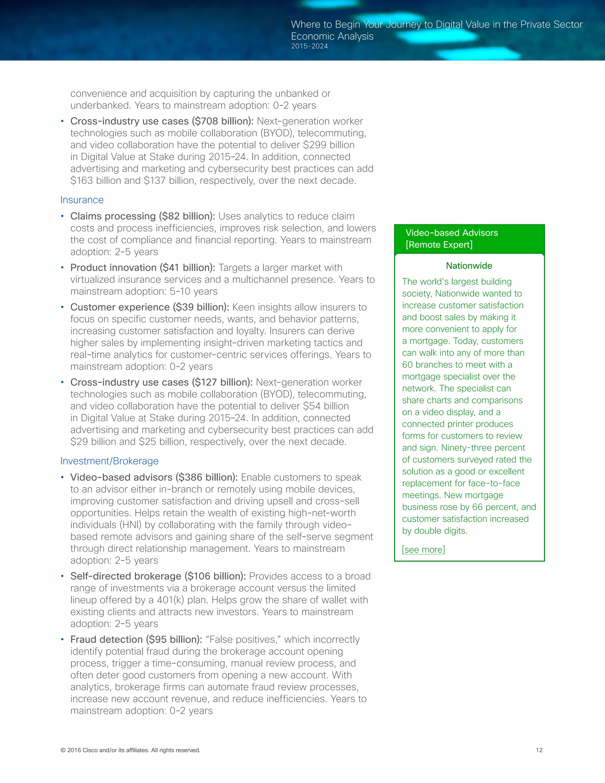 12© 2016 Cisco and/or its affiliates. All rights reserved.
Where to Begin Your Journey to Digital Value in the Private Sector
Economic Analysis
2015-2024
convenience and acquisition by capturing the unbanked or
underbanked. Years to mainstream adoption: 0-2 years
•	 Cross-industry use cases ($708 billion): Next-generation worker
technologies such as mobile collaboration (BYOD), telecommuting,
and video collaboration have the potential to deliver $299 billion
in Digital Value at Stake during 2015–24. In addition, connected
advertising and marketing and cybersecurity best practices can add
$163 billion and $137 billion, respectively, over the next decade.
Insurance
•	 Claims processing ($82 billion): Uses analytics to reduce claim
costs and process inefficiencies, improves risk selection, and lowers
the cost of compliance and financial reporting. Years to mainstream
adoption: 2-5 years
•	 Product innovation ($41 billion): Targets a larger market with
virtualized insurance services and a multichannel presence. Years to
mainstream adoption: 5-10 years
•	 Customer experience ($39 billion): Keen insights allow insurers to
focus on specific customer needs, wants, and behavior patterns,
increasing customer satisfaction and loyalty. Insurers can derive
higher sales by implementing insight-driven marketing tactics and
real-time analytics for customer-centric services offerings. Years to
mainstream adoption: 0-2 years
•	 Cross-industry use cases ($127 billion): Next-generation worker
technologies such as mobile collaboration (BYOD), telecommuting,
and video collaboration have the potential to deliver $54 billion
in Digital Value at Stake during 2015–24. In addition, connected
advertising and marketing and cybersecurity best practices can add
$29 billion and $25 billion, respectively, over the next decade.
Investment/Brokerage
•	 Video-based advisors ($386 billion): Enable customers to speak
to an advisor either in-branch or remotely using mobile devices,
improving customer satisfaction and driving upsell and cross-sell
opportunities. Helps retain the wealth of existing high-net-worth
individuals (HNI) by collaborating with the family through video-
based remote advisors and gaining share of the self-serve segment
through direct relationship management. Years to mainstream
adoption: 2-5 years
•	 Self-directed brokerage ($106 billion): Provides access to a broad
range of investments via a brokerage account versus the limited
lineup offered by a 401(k) plan. Helps grow the share of wallet with
existing clients and attracts new investors. Years to mainstream
adoption: 2-5 years
•	 Fraud detection ($95 billion): “False positives,” which incorrectly
identify potential fraud during the brokerage account opening
process, trigger a time-consuming, manual review process, and
often deter good customers from opening a new account. With
analytics, brokerage firms can automate fraud review processes,
increase new account revenue, and reduce inefficiencies. Years to
mainstream adoption: 0-2 years
Video-based Advisors
[Remote Expert]
Nationwide
The world’s largest building
society, Nationwide wanted to
increase customer satisfaction
and boost sales by making it
more convenient to apply for
a mortgage. Today, customers
can walk into any of more than
60 branches to meet with a
mortgage specialist over the
network. The specialist can
share charts and comparisons
on a video display, and a
connected printer produces
forms for customers to review
and sign. Ninety-three percent
of customers surveyed rated the
solution as a good or excellent
replacement for face-to-face
meetings. New mortgage
business rose by 66 percent, and
customer satisfaction increased
by double digits.
[see more]
 