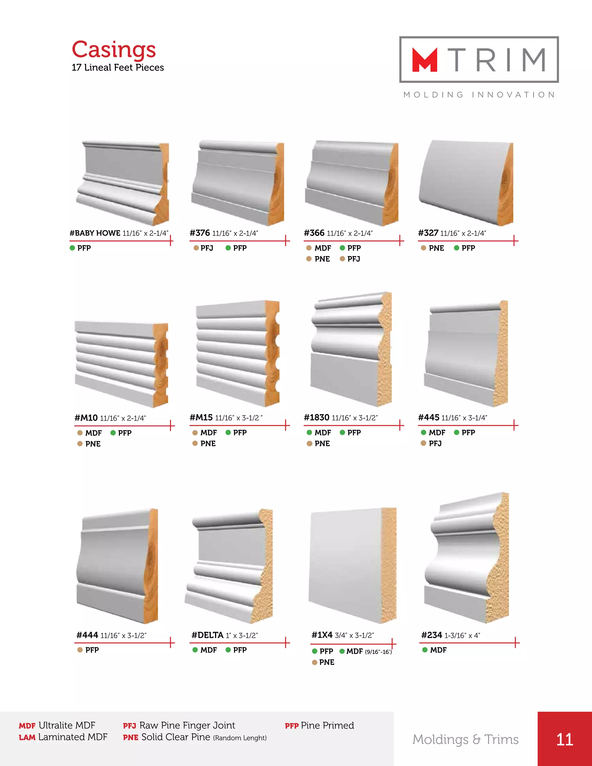 #1X4 3/4” x 3-1/2”
PFP
PNE
11
#BABY HOWE 11/16” x 2-1/4” #376 11/16” x 2-1/4” #366 11/16” x 2-1/4” #327 11/16” x 2-1/4”
#445 11/16” x 3-1/4”#1830 11/16” x 3-1/2”#M15 11/16” x 3-1/2 ”#M10 11/16” x 2-1/4”
#444 11/16” x 3-1/2” #DELTA 1” x 3-1/2” #234 1-3/16” x 4”
PFJ MDF
MDFMDFMDFMDF
PFP MDF MDF
PFP PFP PFP PFP
PFPPFPPFPPFP
PFP
PNE
PNE
PFJPNEPNEPNE
Moldings & Trims
PFJ
Casings
17 Lineal Feet Pieces
MDF (9/16”-16’)
MDF Ultralite MDF
LAM Laminated MDF
PFJ Raw Pine Finger Joint
PNE Solid Clear Pine (Random Lenght)
PFP Pine Primed
 