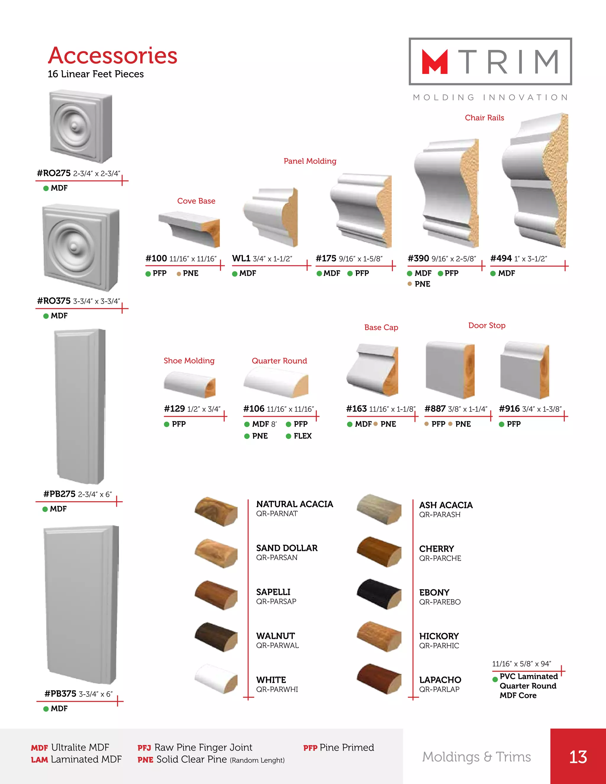 13
Accessories
16 Linear Feet Pieces
#100 11/16” x 11/16” WL1 3/4” x 1-1/2” #175 9/16” x 1-5/8” #390 9/16” x 2-5/8” #494 1” x 3-1/2”
#163 11/16” x 1-1/8” #887 3/8” x 1-1/4” #916 3/4” x 1-3/8”
PFP MDF MDF PFP PFPMDF MDF
MDF PFPMDF 8’
PNE
PFP
FLEX
#106 11/16” x 11/16”#129 1/2” x 3/4”
PFP
#RO275 2-3/4” x 2-3/4”
#RO375 3-3/4” x 3-3/4”
#PB375 3-3/4” x 6”
#PB275 2-3/4” x 6”
MDF
MDF
MDF
MDF ASH ACACIA
QR-PARASH
NATURAL ACACIA
QR-PARNAT
SAND DOLLAR
QR-PARSAN
CHERRY
QR-PARCHE
SAPELLI
QR-PARSAP
EBONY
QR-PAREBO
WALNUT
QR-PARWAL
HICKORY
QR-PARHIC
WHITE
QR-PARWHI
LAPACHO
QR-PARLAP
11/16” x 5/8” x 94”
PVC Laminated
Quarter Round
MDF Core
PNE
PNE
PNE PFP PNE
Moldings & Trims
MDF Ultralite MDF
LAM Laminated MDF
PFJ Raw Pine Finger Joint
PNE Solid Clear Pine (Random Lenght)
PFP Pine Primed
Shoe Molding
Cove Base
Quarter Round
Base Cap Door Stop
Panel Molding
Chair Rails
 