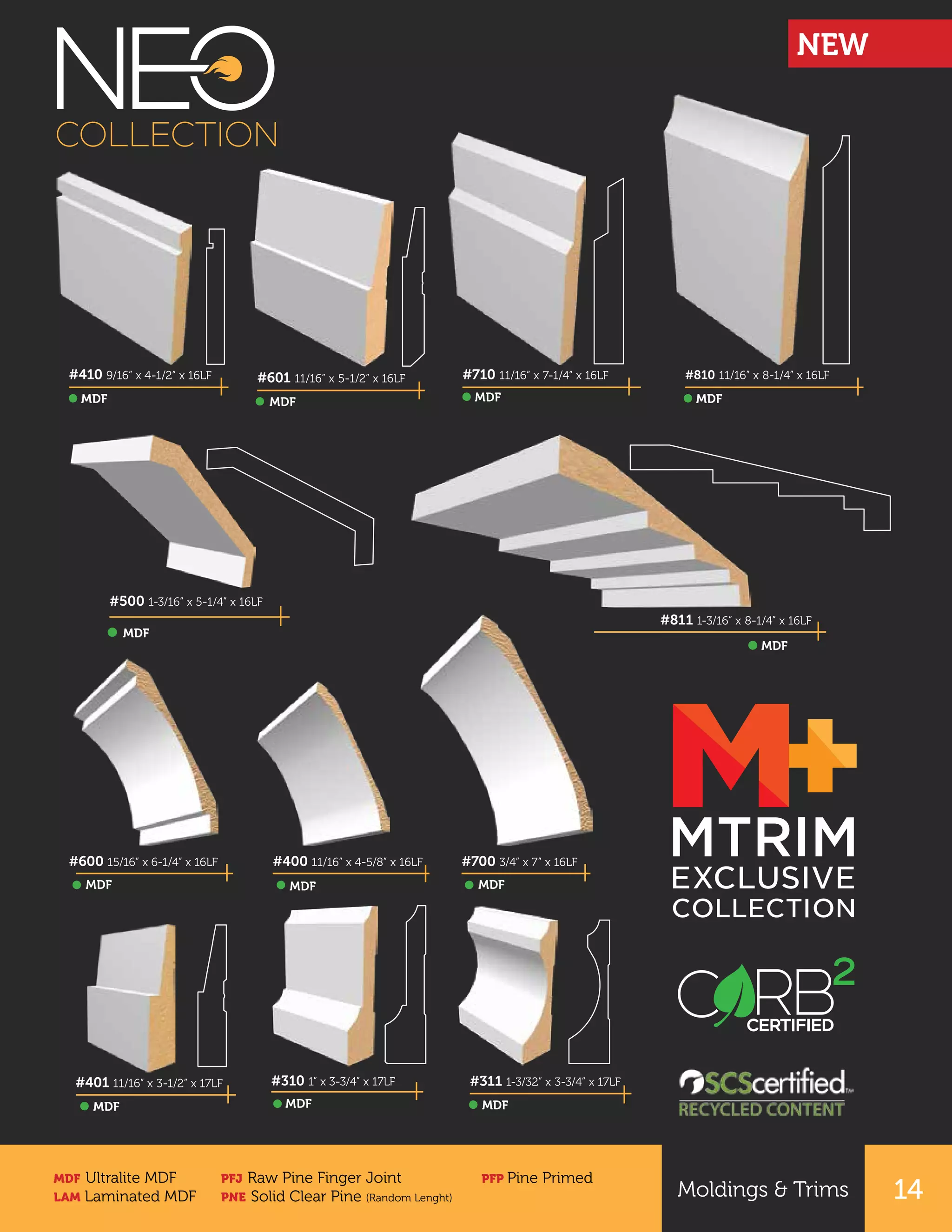 14Moldings & Trims
#810 11/16” x 8-1/4” x 16LF#710 11/16” x 7-1/4” x 16LF#410 9/16” x 4-1/2” x 16LF
#500 1-3/16” x 5-1/4” x 16LF
#811 1-3/16” x 8-1/4” x 16LF
#310 1” x 3-3/4” x 17LF #311 1-3/32” x 3-3/4” x 17LF#401 11/16” x 3-1/2” x 17LF
MDF MDFMDF
MDFMDFMDF
MDF
MDF
#601 11/16” x 5-1/2” x 16LF
MDF
#400 11/16” x 4-5/8” x 16LF #700 3/4” x 7” x 16LF#600 15/16” x 6-1/4” x 16LF
MDF MDFMDF
MDF Ultralite MDF
LAM Laminated MDF
PFJ Raw Pine Finger Joint
PNE Solid Clear Pine (Random Lenght)
PFP Pine Primed
NEW
 