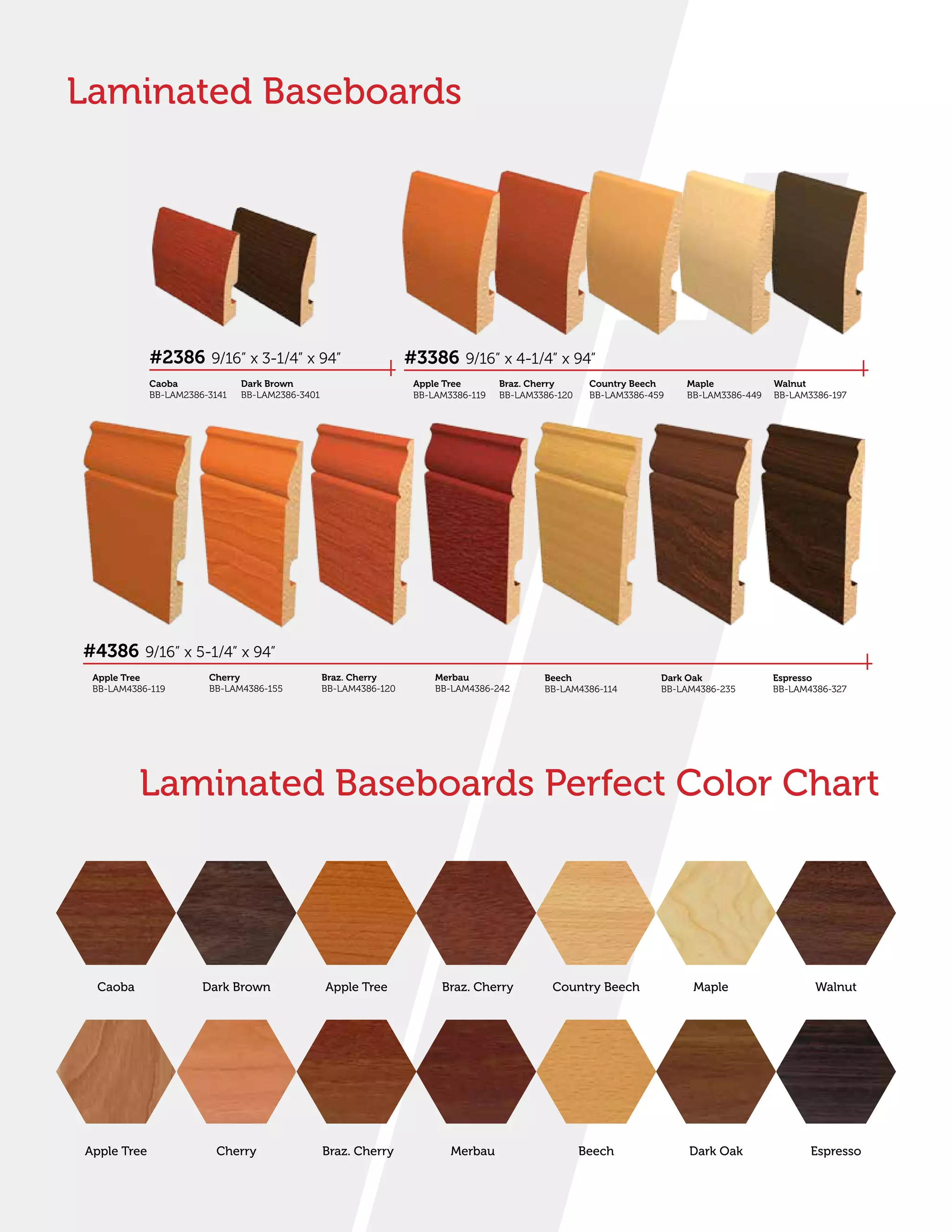 Laminated Baseboards
Laminated Baseboards Perfect Color Chart
#2386 9/16” x 3-1/4” x 94”
Caoba
BB-LAM2386-3141
Dark Brown
BB-LAM2386-3401
#3386 9/16” x 4-1/4” x 94”
Apple Tree
BB-LAM3386-119
Braz. Cherry
BB-LAM3386-120
Country Beech
BB-LAM3386-459
Maple
BB-LAM3386-449
Walnut
BB-LAM3386-197
Apple Tree
BB-LAM4386-119
Cherry
BB-LAM4386-155
#4386 9/16” x 5-1/4” x 94”
Braz. Cherry
BB-LAM4386-120
Merbau
BB-LAM4386-242
Beech
BB-LAM4386-114
Dark Oak
BB-LAM4386-235
Espresso
BB-LAM4386-327
Caoba Dark Brown Apple Tree Braz. Cherry Country Beech Maple Walnut
EspressoDark OakBeechMerbauBraz. CherryCherryApple Tree
 