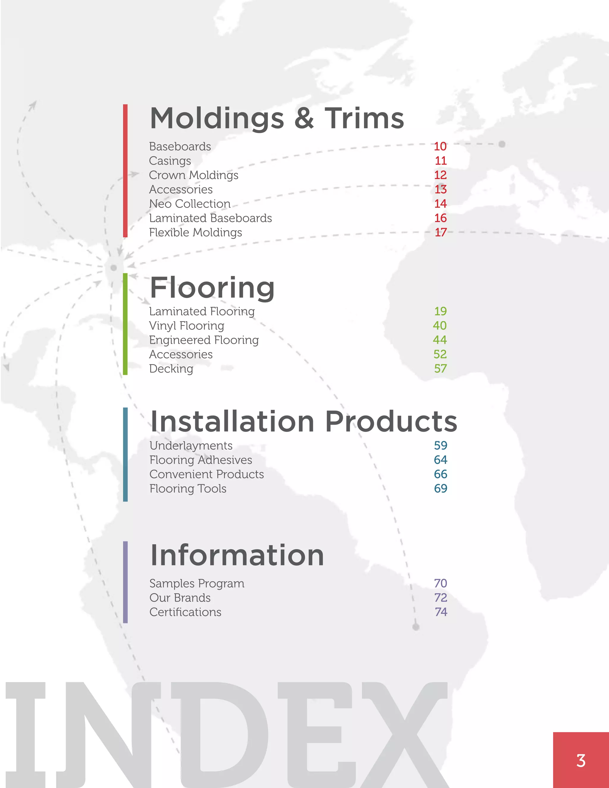 Baseboards
Casings
Crown Moldings
Accessories
Neo Collection
Laminated Baseboards
Flexible Moldings
10
11
12
13
14
16
17
Moldings & Trims
Laminated Flooring
Vinyl Flooring
Engineered Flooring
Accessories
Decking
19
40
44
52
57
Flooring
Underlayments
Flooring Adhesives
Convenient Products
Flooring Tools
59
64
66
69
Installation Products
Samples Program
Our Brands
Certifications	
70
72
74
Information
3
INDEX
 