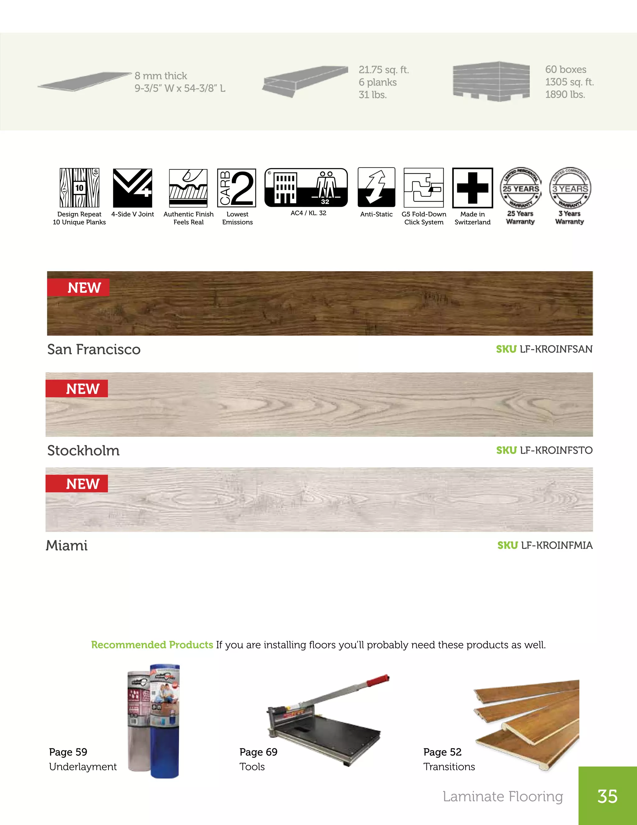 Laminate Flooring 35
8 mm thick
9-3/5” W x 54-3/8” L
21.75 sq. ft.
6 planks
31 lbs.
60 boxes
1305 sq. ft.
1890 lbs.
Stockholm SKU LF-KROINFSTO
San Francisco SKU LF-KROINFSAN
Miami SKU LF-KROINFMIA
Recommended Products If you are installing floors you’ll probably need these products as well.
Page 52
Transitions
Page 69
Tools
Page 59
Underlayment
Design Repeat
10 Unique Planks
4-Side V Joint Anti-Scratch Authentic Finish
Feels Real
Lowest
Emissions
AC5 / KL. 33 Anti-Static G5 Fold-Down
Click System
Made in
Switzerland
Design Repeat
10 Unique Planks
4-Side V Joint Anti-Scratch Authentic Finish
Feels Real
Lowest
Emissions
AC5 / KL. 33 Anti-Static G5 Fold-Down
Click System
Made in
Switzerland
4-Side V Joint Matte Smooth
Finish
Lowest
Emissions
AC4 / KL. 32 G5 Fold-Down
Click System
Made in
Switzerland
20 Years
Warranty
NEW
NEW
NEW
 