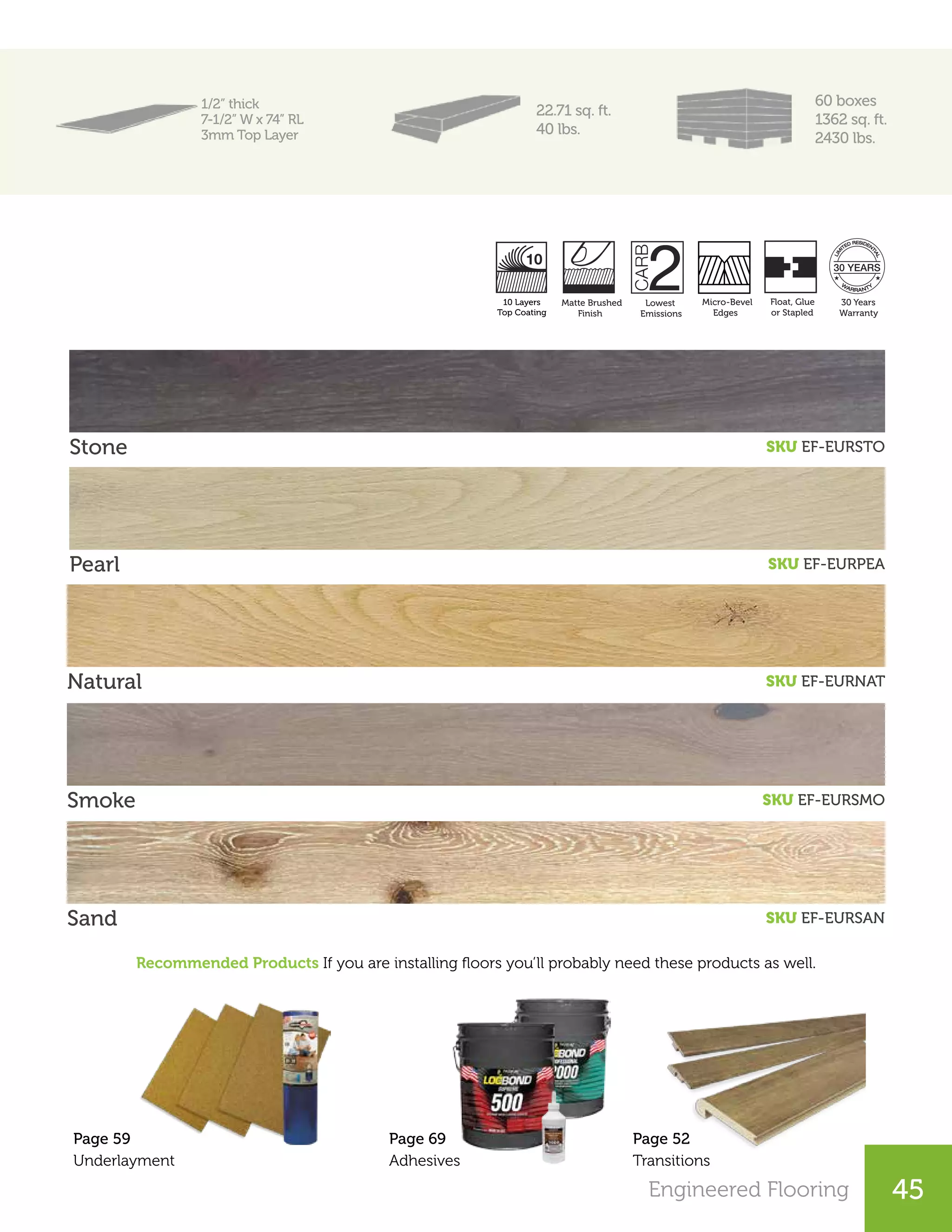 Engineered Flooring 45
1/2” thick
7-1/2” W x 74” RL
3mm Top Layer
22.71 sq. ft.
40 lbs.
60 boxes
1362 sq. ft.
2430 lbs.
Stone SKU EF-EURSTO
Pearl SKU EF-EURPEA
Natural SKU EF-EURNAT
Recommended Products If you are installing floors you’ll probably need these products as well.
Smoke
Sand
SKU EF-EURSMO
SKU EF-EURSAN
Page 52
Transitions
Page 69
Adhesives
Page 59
Underlayment
Lowest
Emissions
Micro-Bevel
Edges
30 Years
Warranty
Matte Brushed
Finish
10 Layers
UV Coating
Float, Glue
or Stapled
10 Layers
Top Coating
 