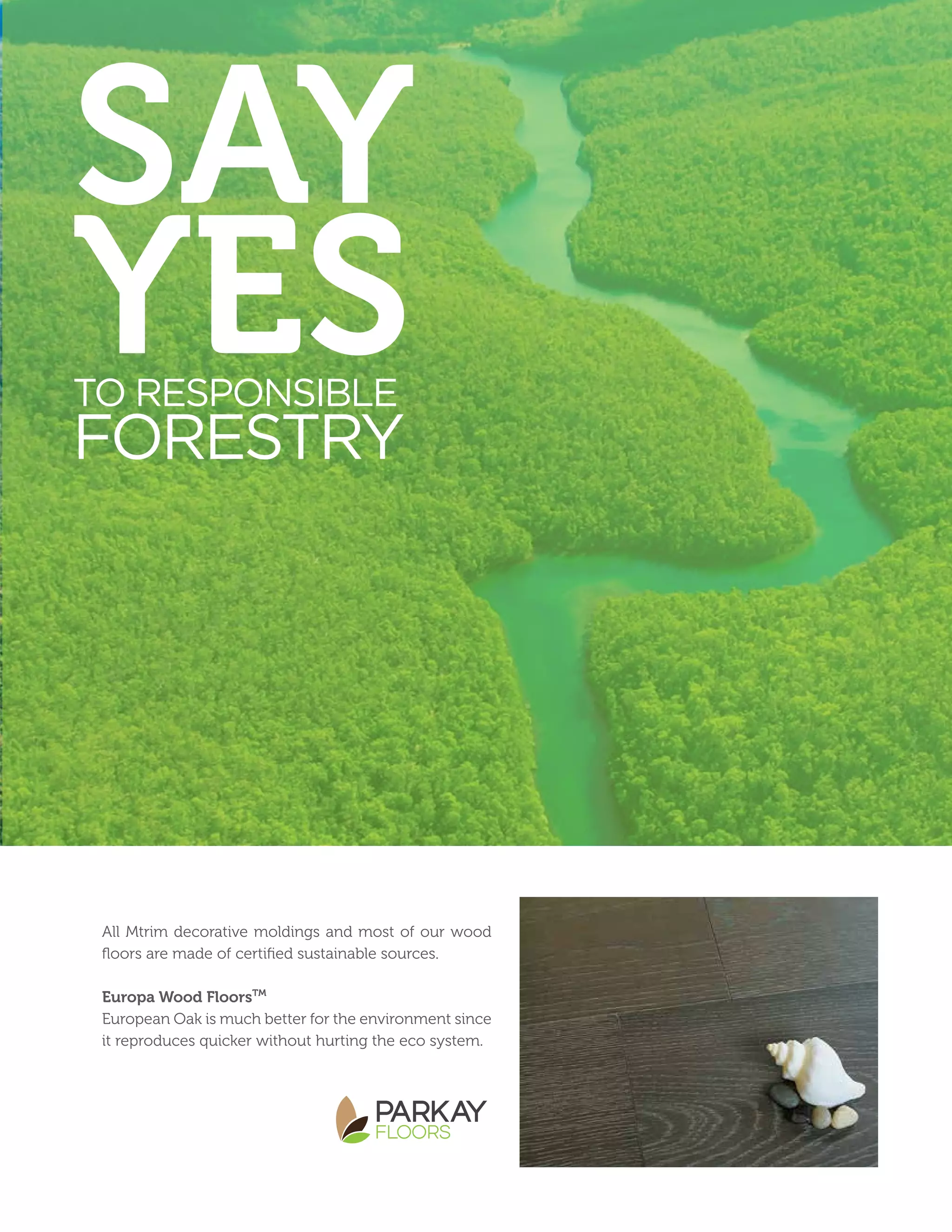 All Mtrim decorative moldings and most of our wood
floors are made of certified sustainable sources.
Europa Wood FloorsTM
European Oak is much better for the environment since
it reproduces quicker without hurting the eco system.
SAY
YESTO RESPONSIBLE
FORESTRY
 