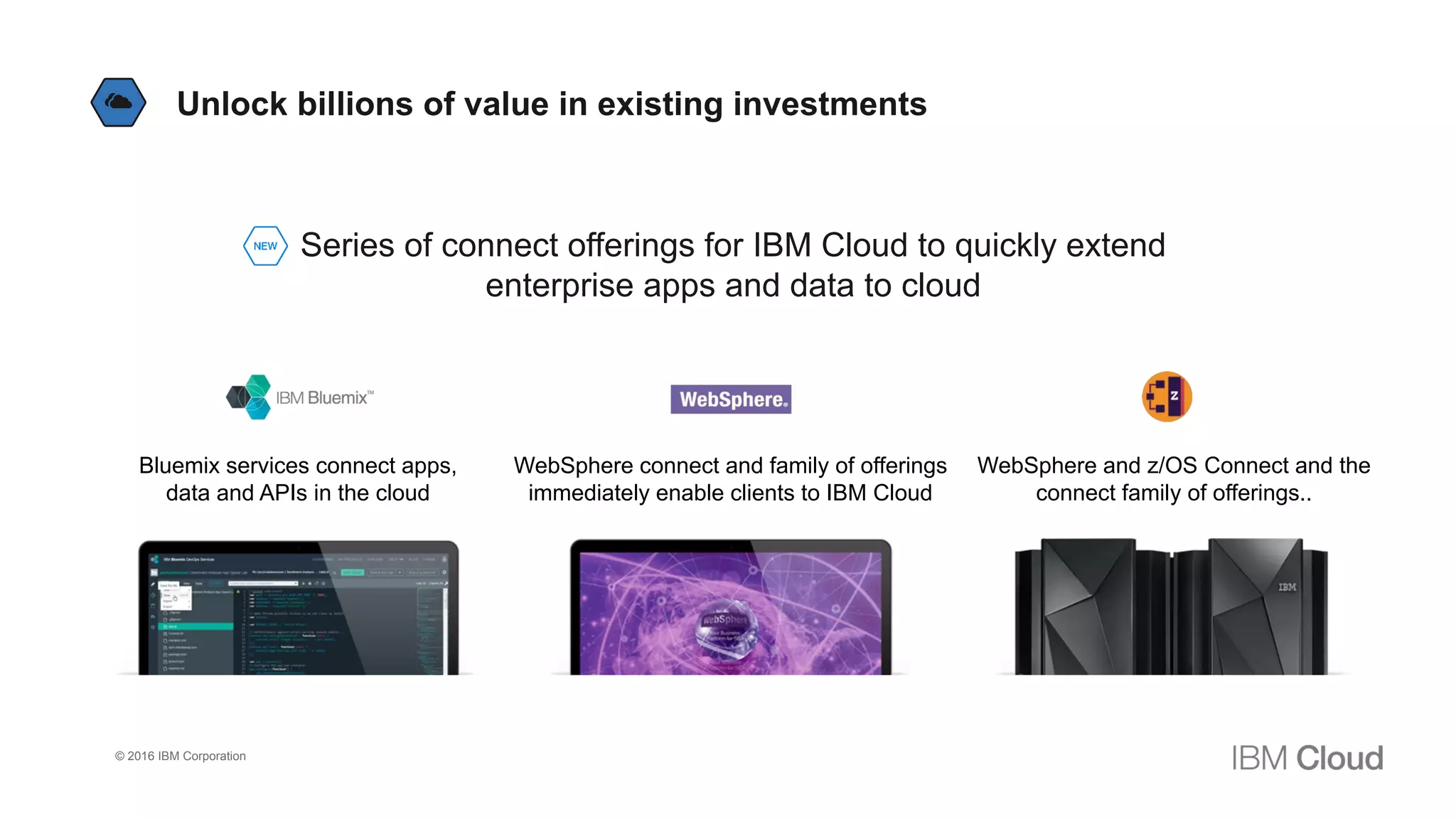 © 2016 IBM Corporation
Unlock billions of value in existing investments
Series of connect offerings for IBM Cloud to quickly extend
enterprise apps and data to cloud
WebSphere connect and family of offerings
immediately enable clients to IBM Cloud
Bluemix services connect apps,
data and APIs in the cloud
WebSphere and z/OS Connect and the
connect family of offerings..
 