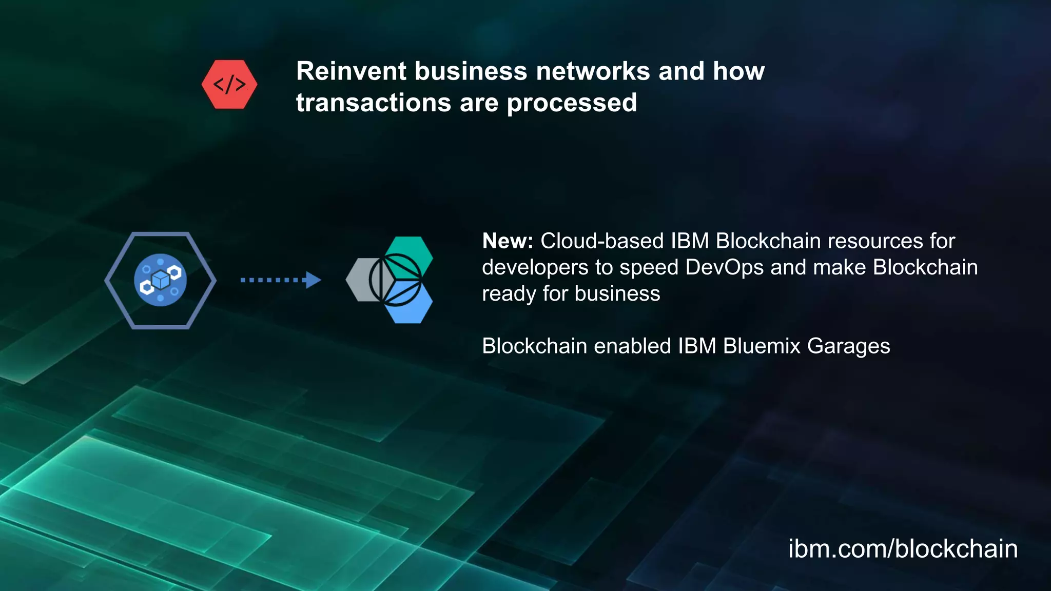 ibm.com/blockchain
New: Cloud-based IBM Blockchain resources for
developers to speed DevOps and make Blockchain
ready for business
Blockchain enabled IBM Bluemix Garages
Reinvent business networks and how
transactions are processed
 