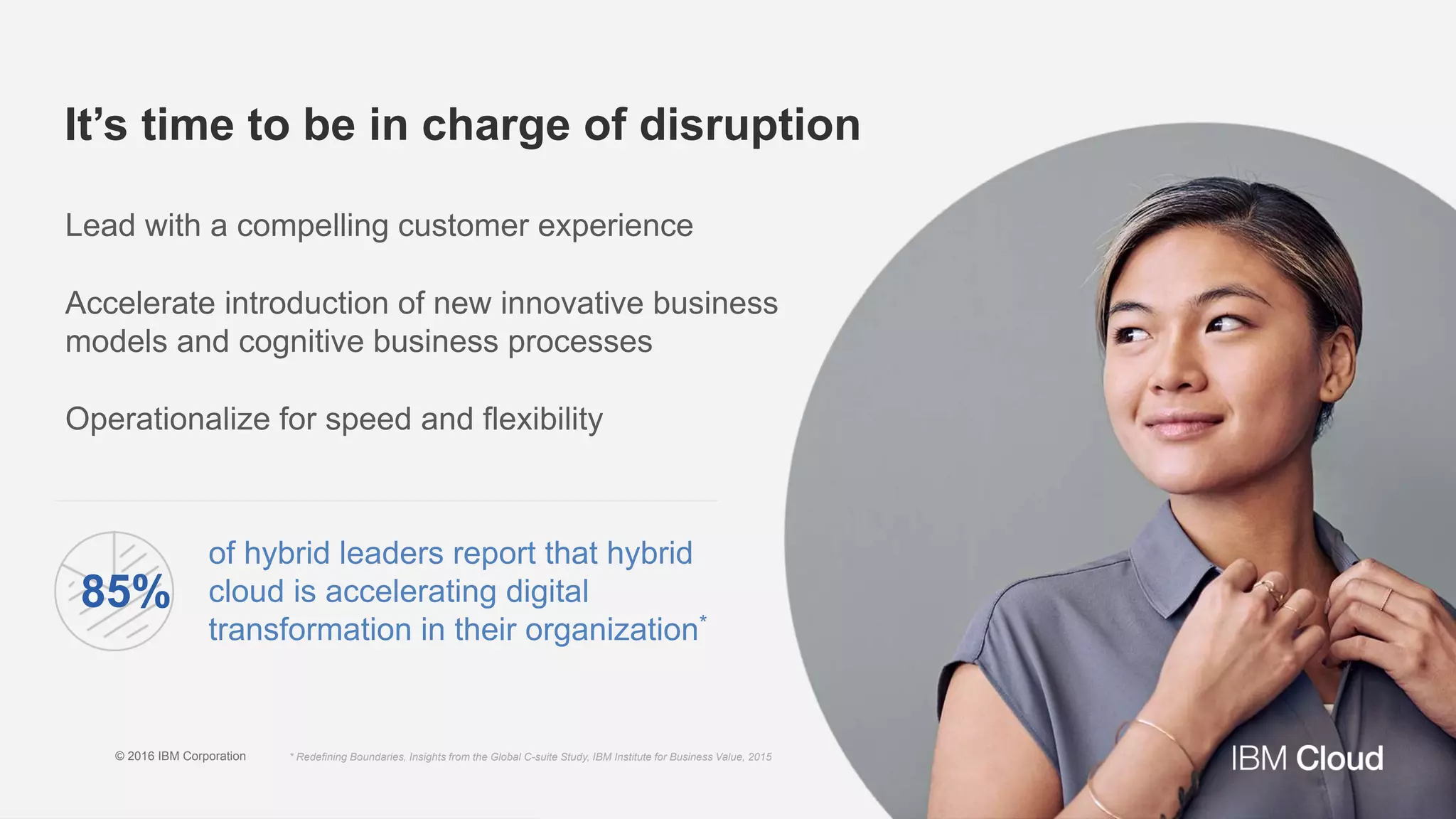 It’s time to be in charge of disruption
Lead with a compelling customer experience
Accelerate introduction of new innovative business
models and cognitive business processes
Operationalize for speed and flexibility
of hybrid leaders report that hybrid
cloud is accelerating digital
transformation in their organization*
85%
* Redefining Boundaries, Insights from the Global C-suite Study, IBM Institute for Business Value, 2015© 2016 IBM Corporation
 