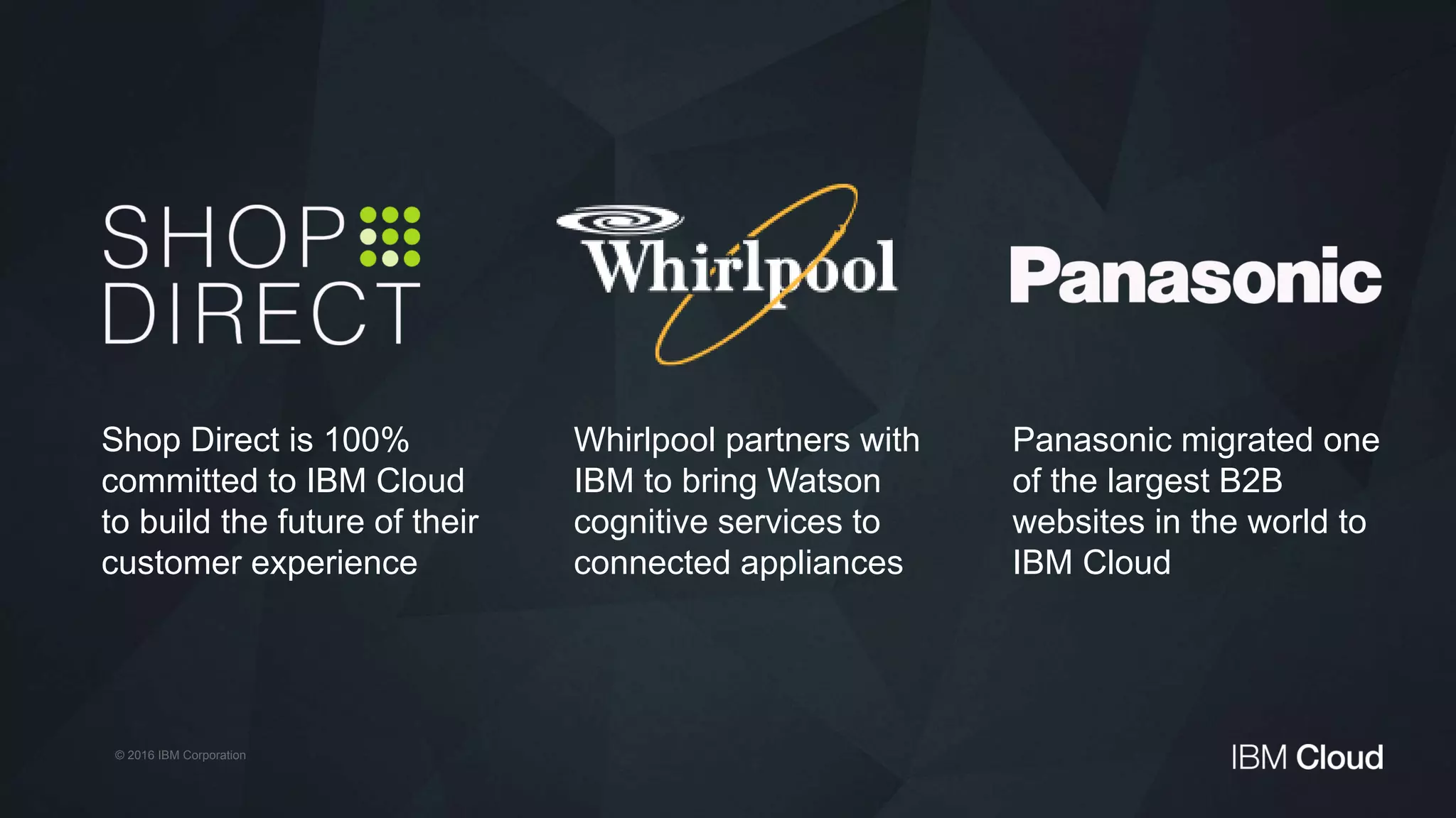 © 2016 IBM Corporation
Shop Direct is 100%
committed to IBM Cloud
to build the future of their
customer experience
Whirlpool partners with
IBM to bring Watson
cognitive services to
connected appliances
Panasonic migrated one
of the largest B2B
websites in the world to
IBM Cloud
 