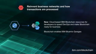 ibm.com/blockchain
New: Cloud-based IBM Blockchain resources for
developers to speed DevOps and make Blockchain
ready for business
Blockchain enabled IBM Bluemix Garages
Reinvent business networks and how
transactions are processed
 