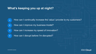 How can I continually increase the value I provide to my customers?
How can I improve my business model?
How can I increase my speed of innovation?
How can I disrupt before I’m disrupted?
© 2016 IBM Corporation
>
>
>
>
What’s keeping you up at night?
 