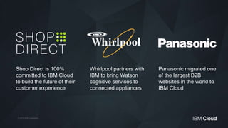 © 2016 IBM Corporation
Shop Direct is 100%
committed to IBM Cloud
to build the future of their
customer experience
Whirlpool partners with
IBM to bring Watson
cognitive services to
connected appliances
Panasonic migrated one
of the largest B2B
websites in the world to
IBM Cloud
 