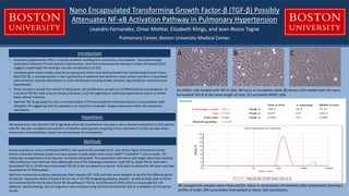 Nano Encapsulated Transforming Growth Factor-β (TGF-β) Possibly
Attenuates NF-κB Activation Pathway in Pulmonary Hypertension
Leandro Fernandez, Omar Mohtar, Elizabeth Klings, and Jean-Bosco Tagne
Pulmonary Center, Boston University Medical Center
Introduction
• Pulmonary hypertension (PH) is a clinical condition resulting from pulmonary vasculopathy. The epidemiologic
associations between PH and systemic hypertension, renal and cerebrovascular disease in sickle cell disease (SCD)
suggests a pathologic link amongst vascular complications of SCD.
• Candidate gene-based studies done by our group and others have demonstrated that Transforming Growth Factor-
Beta (TGF-β), a secreted protein in the superfamily of cytokines that performs many cellular functions is associated
with numerous vascular phenotypes in sickle cell disease including stroke, priapism, leg ulcerations and pulmonary
hypertension.
• These functions include the control of cell growth, cell proliferation, as well as cell differentiation and apoptosis. As
a result of TGF-β’s wide array of cellular processes, it can be negatively or positively expressed to induce or inhibit
these cellular functions.
• Aberrant TGF-β signaling has roles in animal models of PH and mutations have been found in some patients with
idiopathic PH suggesting that this pathway is an important modulator of gene expression within the pulmonary
vasculature.
Hypothesis
Human pulmonary artery endothelial (HPAEC) cells were kindly provided by Dr. Jean-Bosco Tagne (Pulmonary Center,
Boston University Medical Center) and were grown in p100 plates with Lonza’s EGM™-2 BulletKit™ culture media. The
media was changed every three days for continued cell growth. The experiment with these cells began when they reached
70% confluence. Each well was then added with one of the following treatments: 5μM TGF-β, 10μM TGF-β, 5nM nano-
formulated TGF-β, 10 nM nano-formulated TGF-β, or left untreated as a control. Cells were incubated for 48 hours and then
harvested for RT-PCR analysis.
Real-time reverse transcription polymerase chain reaction (RT- PCR) methods were adapted to identify the different genes
of interest. Expression levels of Smad 3 for its role in the TGF-β signaling pathway, Map3k7, as well as RelA, both of which
are fundamental for the Nuclear Factor NF-κB pathway in TGF-β, and Fibronectin (FN1) which is responsible for cell
adhesion, wound healing, and cell migration were analyzed using real-time quantitative PCR as a validation of microarray
results.
Methods
All nanoparticle samples were measured for radius in nanometers immediately after preparation showing a
profile of under 200 nanometers that peaked at about 166 nanometers.
A B C
(A) HPAEC cells treated with TGF-β after 48 hours of incubation while (B) shows cells treated with the nano-
formulated TGF-β at the same length of time. (C) untreated HPAEC cells
We hypothesize that aberrant TGF-β signaling within the endothelium may play a role in disease modulation in SCD patients
with PH. We plan to address the question of whether direct genetic targeting of the endothelium in SCD can alter these
interactions and potentially, impact the development of vasculopathy.
 