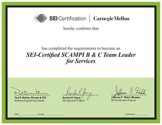 hereby confirms that
has completed the requirements to become an
Jefferson P. Welch, Manager
SEI Certification Program
Paul D. Nielsen, Director & CEO
Software Engineering Institute
Rawdon R. Young
SEI Appraisal Program
SEI-Certified SCAMPI B & C Team Leader
for Services
Certificate # ____________Valid __________________ through ___________________
Raghavan Nandyal
on October 3, 2011, with all the rights, privileges, and honors.
0100055-00October 29, 2012 October 29, 2015
 