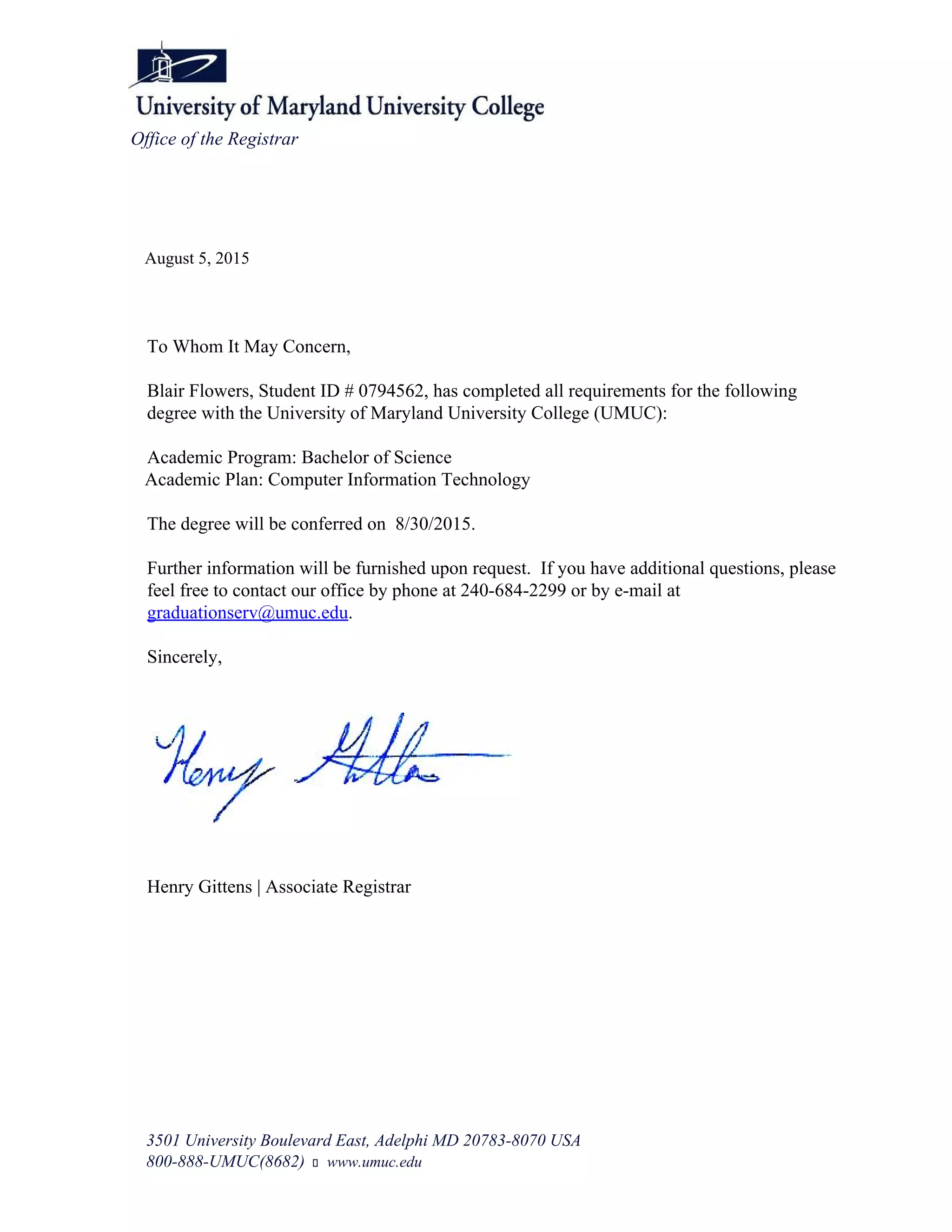 Blair Flowers Letter of Graduation with Bachelor of Science in Computer ...