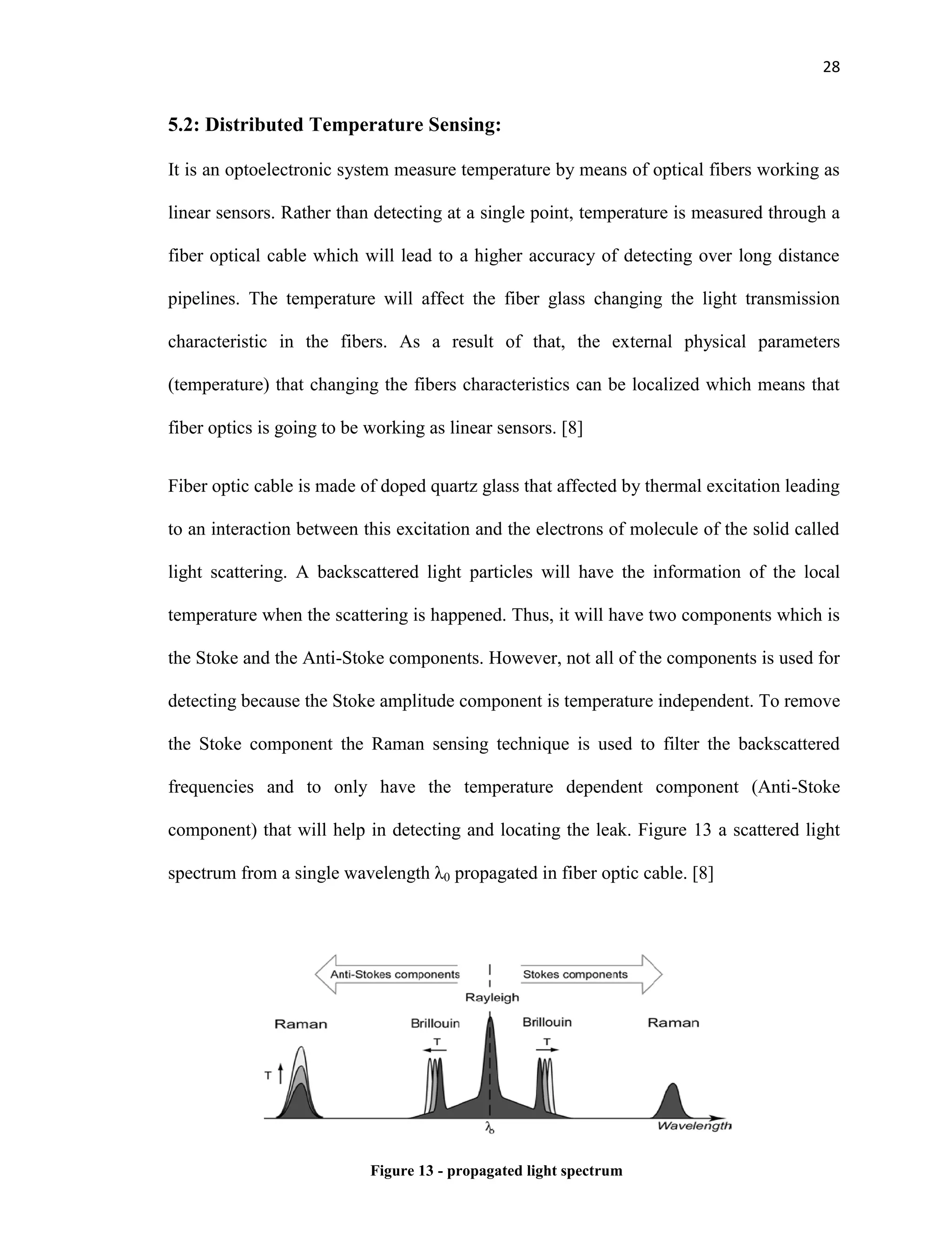28
5.2: Distributed Temperature Sensing:
It is an optoelectronic system measure temperature by means of optical fibers working as
linear sensors. Rather than detecting at a single point, temperature is measured through a
fiber optical cable which will lead to a higher accuracy of detecting over long distance
pipelines. The temperature will affect the fiber glass changing the light transmission
characteristic in the fibers. As a result of that, the external physical parameters
(temperature) that changing the fibers characteristics can be localized which means that
fiber optics is going to be working as linear sensors. [8]
Fiber optic cable is made of doped quartz glass that affected by thermal excitation leading
to an interaction between this excitation and the electrons of molecule of the solid called
light scattering. A backscattered light particles will have the information of the local
temperature when the scattering is happened. Thus, it will have two components which is
the Stoke and the Anti-Stoke components. However, not all of the components is used for
detecting because the Stoke amplitude component is temperature independent. To remove
the Stoke component the Raman sensing technique is used to filter the backscattered
frequencies and to only have the temperature dependent component (Anti-Stoke
component) that will help in detecting and locating the leak. Figure 13 a scattered light
spectrum fr m a single wavelength λ0 propagated in fiber optic cable. [8]
Figure 13 - propagated light spectrum
 