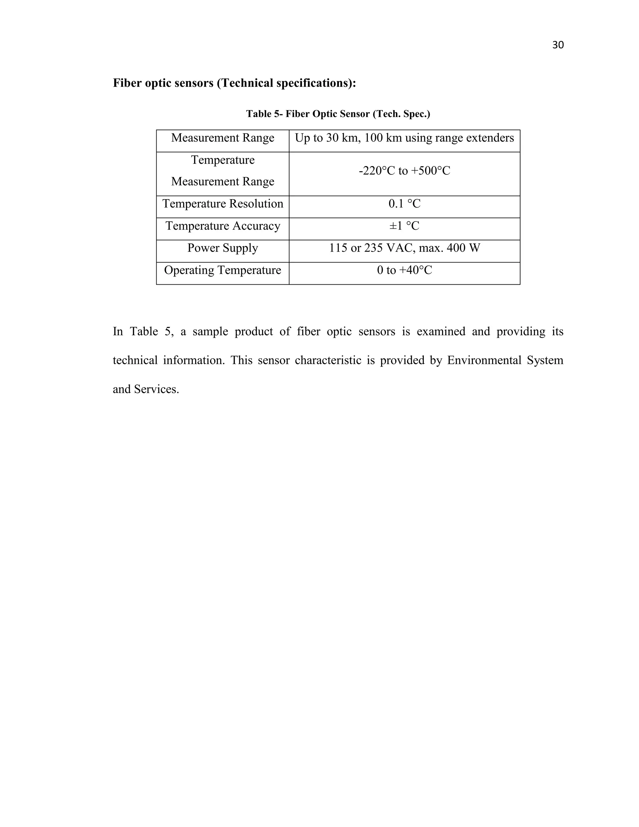 30
Fiber optic sensors (Technical specifications):
Table 5- Fiber Optic Sensor (Tech. Spec.)
Measurement Range Up to 30 km, 100 km using range extenders
Temperature
Measurement Range
-220°C to +500°C
Temperature Resolution 0.1 °C
Temperature Accuracy ±1 °C
Power Supply 115 or 235 VAC, max. 400 W
Operating Temperature 0 to +40°C
In Table 5, a sample product of fiber optic sensors is examined and providing its
technical information. This sensor characteristic is provided by Environmental System
and Services.
 