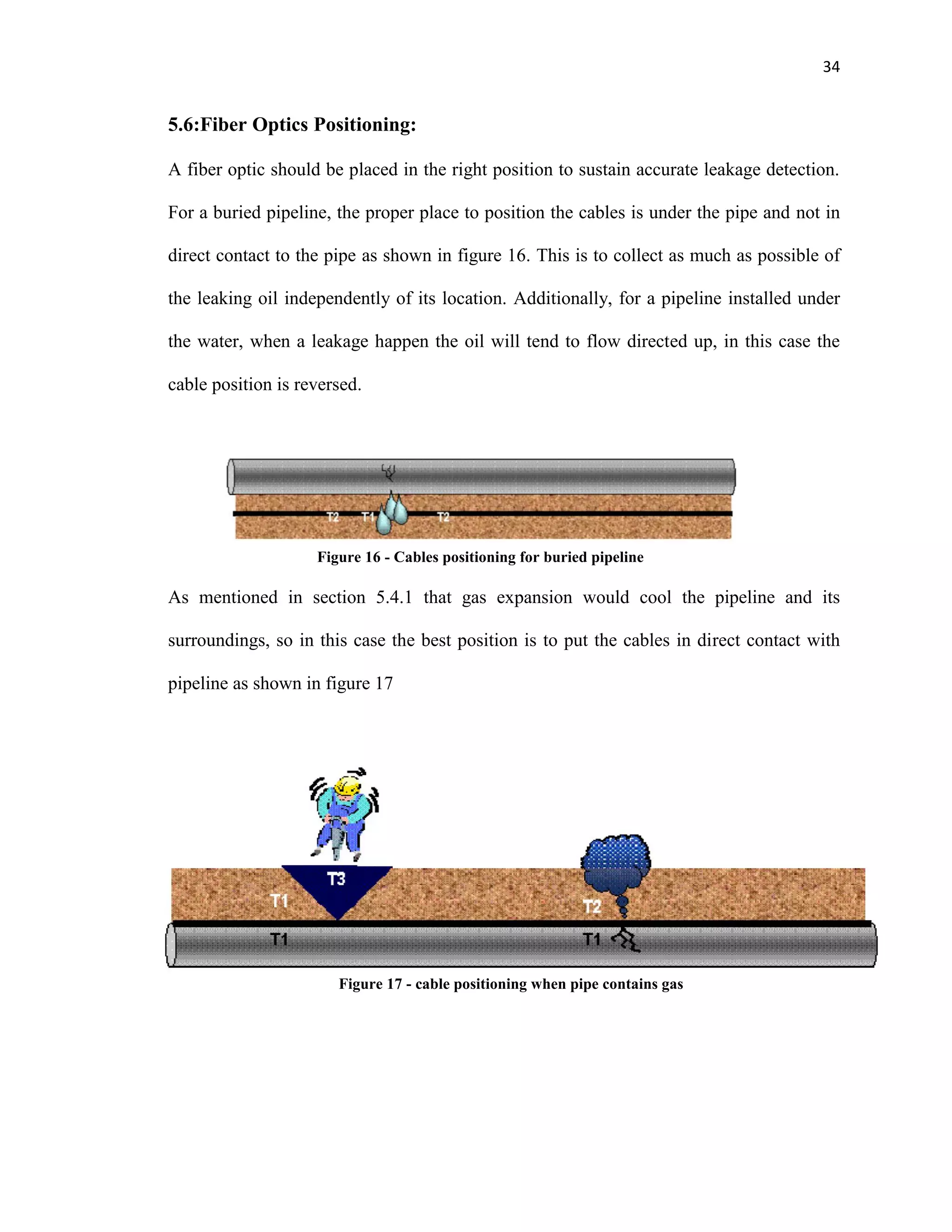 34
5.6:Fiber Optics Positioning:
A fiber optic should be placed in the right position to sustain accurate leakage detection.
For a buried pipeline, the proper place to position the cables is under the pipe and not in
direct contact to the pipe as shown in figure 16. This is to collect as much as possible of
the leaking oil independently of its location. Additionally, for a pipeline installed under
the water, when a leakage happen the oil will tend to flow directed up, in this case the
cable position is reversed.
As mentioned in section 5.4.1 that gas expansion would cool the pipeline and its
surroundings, so in this case the best position is to put the cables in direct contact with
pipeline as shown in figure 17
Figure 16 - Cables positioning for buried pipeline
Figure 17 - cable positioning when pipe contains gas
 