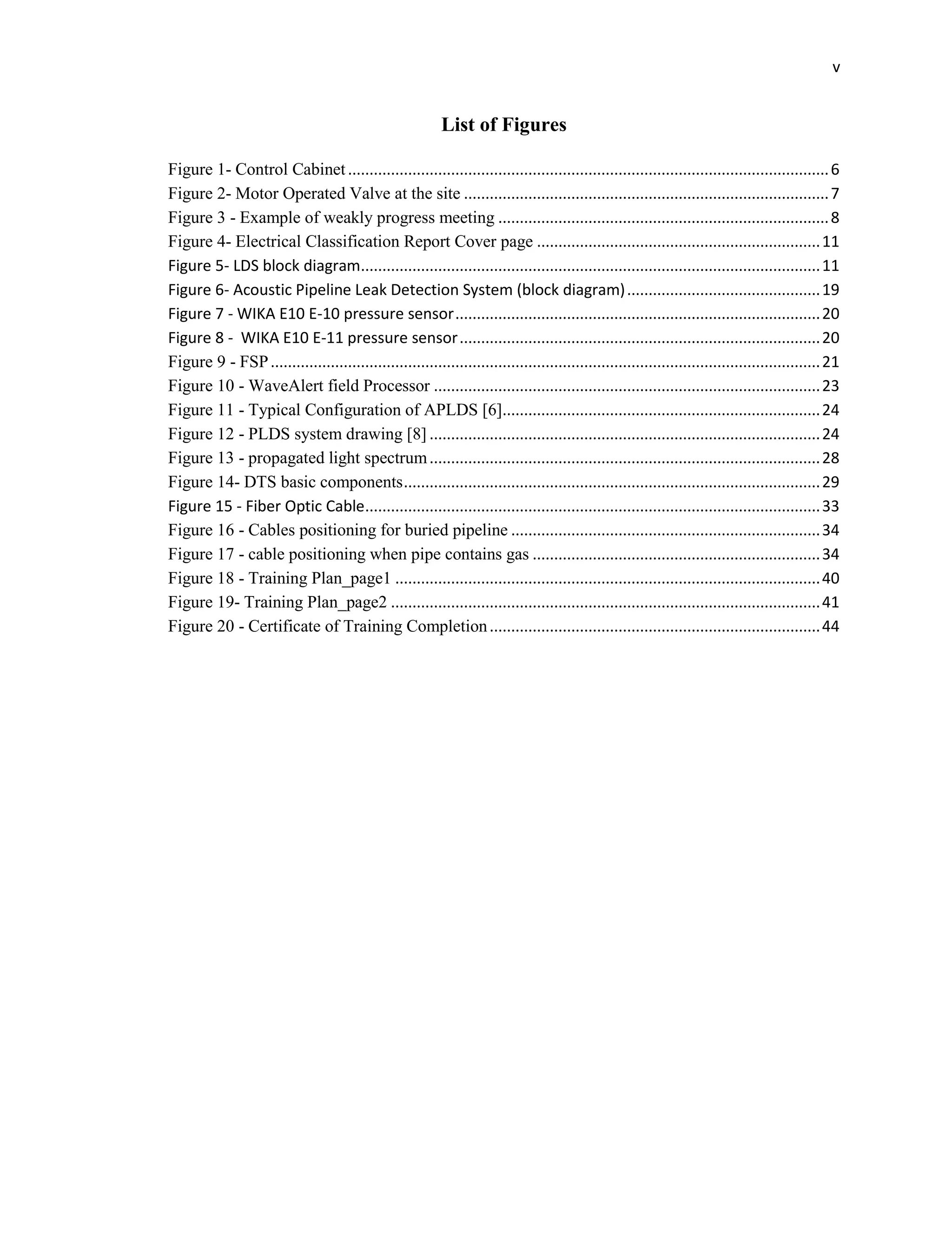 v
List of Figures
Figure 1- Control Cabinet................................................................................................................6
Figure 2- Motor Operated Valve at the site .....................................................................................7
Figure 3 - Example of weakly progress meeting .............................................................................8
Figure 4- Electrical Classification Report Cover page ..................................................................11
Figure 5- LDS block diagram...........................................................................................................11
Figure 6- Acoustic Pipeline Leak Detection System (block diagram).............................................19
Figure 7 - WIKA E10 E-10 pressure sensor.....................................................................................20
Figure 8 - WIKA E10 E-11 pressure sensor....................................................................................20
Figure 9 - FSP................................................................................................................................21
Figure 10 - WaveAlert field Processor ..........................................................................................23
Figure 11 - Typical Configuration of APLDS [6]..........................................................................24
Figure 12 - PLDS system drawing [8] ...........................................................................................24
Figure 13 - propagated light spectrum...........................................................................................28
Figure 14- DTS basic components.................................................................................................29
Figure 15 - Fiber Optic Cable..........................................................................................................33
Figure 16 - Cables positioning for buried pipeline ........................................................................34
Figure 17 - cable positioning when pipe contains gas ...................................................................34
Figure 18 - Training Plan_page1 ...................................................................................................40
Figure 19- Training Plan_page2 ....................................................................................................41
Figure 20 - Certificate of Training Completion.............................................................................44
 