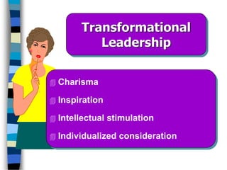 Transformational
Leadership
 Charisma
 Inspiration
 Intellectual stimulation
 Individualized consideration
 