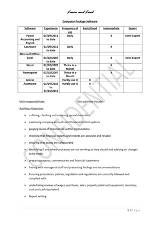 Learn and Lead
5 | P a g e
Computer Package Software
Software Experience Frequency of
use
Basic/Good Intermediate Expert
Pastel
Accounting and
Payroll
01/09/2011
to date
Daily X Semi-Expert
Caseware 01/09/2011
to date
Daily X
Microsoft Office:
Excel 01/02/2007
to date
Daily X Semi Expert
Word 01/02/2007
to date
Thrice in a
Month
X
Powerpoint 01/02/2007
to date
Thrice in a
Month
X
Access Hardly use it X
Assetware 01/04/2010
to
31/01/2011
Hardly use it X
Main responsibilities: Key activities include:
Auditing -Assertions
 collating, checking and analysing spreadsheet data
 examining company accounts and financial control systems
 gauging levels of financial risk within organisations
 checking that financial reports and records are accurate and reliable
 ensuring that assets are safeguarded
 identifying if and where processes are not working as they should and advising on changes
to be made
 preparing reports, commentaries and financial statements
 liaising with managerial staff and presenting findings and recommendations
 Ensuring procedures, policies, legislation and regulations are correctly followed and
complied with.
 undertaking reviews of wages, purchases, sales, property plant and equipment, inventory,
cash and cash equivalent
 Report writing
 