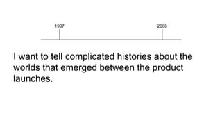 I want to tell complicated histories about the
worlds that emerged between the product
launches.
1997 2008
 