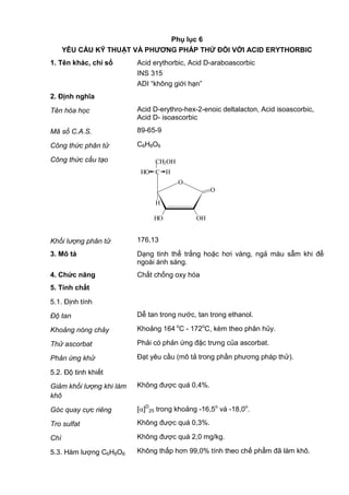 Phụ lục 6
YÊU CẦU KỸ THUẬT VÀ PHƢƠNG PHÁP THỬ ĐỐI VỚI ACID ERYTHORBIC
1. Tên khác, chỉ số Acid erythorbic, Acid D-araboascorbic
INS 315
ADI “không giới hạn”
2. Định nghĩa
Tên hóa học Acid D-erythro-hex-2-enoic deltalacton, Acid isoascorbic,
Acid D- isoascorbic
Mã số C.A.S. 89-65-9
Công thức phân tử C6H8O6
Công thức cấu tạo
Khối lượng phân tử 176,13
3. Mô tả Dạng tinh thể trắng hoặc hơi vàng, ngả màu sẫm khi để
ngoài ánh sáng.
4. Chức năng Chất chống oxy hóa
5. Tính chất
5.1. Định tính
Độ tan Dễ tan trong nước, tan trong ethanol.
Khoảng nóng chảy Khoảng 164 o
C - 172o
C, kèm theo phân hủy.
Thử ascorbat Phải có phản ứng đặc trưng của ascorbat.
Phản ứng khử Đạt yêu cầu (mô tả trong phần phương pháp thử).
5.2. Độ tinh khiết
Giảm khối lượng khi làm
khô
Không được quá 0,4%.
Góc quay cực riêng [ ]D
25 trong khoảng -16,5o
và -18,0o
.
Tro sulfat Không được quá 0,3%.
Chì Không được quá 2,0 mg/kg.
5.3. Hàm lượng C6H8O6 Không thấp hơn 99,0% tính theo chế phẩm đã làm khô.
O
HO OH
H
O
C HHO
CH2OH
 