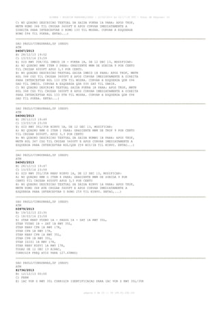 AISWEB - BOLETIM PERSONALIZADO - 10/02/2014 às 22:17:35 UTC - Total de Páginas: 33

C) NO QUADRO DESCRICAO TEXTUAL DA SAIDA PUKRA 1A PARA: APOS TKOF,
MNTN RUMO 348 TIL CRUZAR 3600FT E APOS CURVAR IMEDIATAMENTE A
DIREITA PARA INTERCEPTAR O RUMO 133 TIL MOSRA. CURVAR A ESQUERDA
RUMO 094 TIL PUKRA. ENTAO...)
SAO PAULO/CONGONHAS,SP (SBSP)
ATM
D4067/2013
B) 28/12/13 19:52
C) 13/03/14 23:59
E) SID RWY 35R/35L IMBID 1B - PUKRA 1B, DE 12 DEC 13, MODIFICAR:
A) NO QUADRO RMK ITEM 3 PARA: GRADIENTE MNM DE SUBIDA 9 POR CENTO
TIL CRUZAR 4000FT APOS 3,3 POR CENTO.
B) NO QUADRO DESCRICAO TEXTUAL SAIDA IMBID 1B PARA: APOS TKOF, MNTN
RDL 348 CGO TIL CRUZAR 3600FT E APOS CURVAR IMEDIATAMENTE A DIREITA
PARA INTERCEPTAR RDL 133 STN TIL MOSRA. CURVAR A ESQUERDA QDR 094
DAD TIL IMBID. CURVAR A ESQUERDA QDR 035 SAT TIL UBRIR.
C) NO QUADRO DESCRI#O TEXTUAL SAIDA PUKRA 1B PARA: APOS TKOF, MNTN
RDL 348 CGO TIL CRUZAR 3600FT E APOS CURVAR IMEDIATAMENTE A DIREITA
PARA INTERCEPTAR RDL 133 STN TIL MOSRA. CURVAR A ESQUERDA QDR 094
DAD TIL PUKRA. ENTAO...)
SAO PAULO/CONGONHAS,SP (SBSP)
ATM
D4066/2013
B) 28/12/13 19:49
C) 13/03/14 23:59
E) SID RWY 35L/35R NINVU 1B, DE 12 DEC 13, MODIFICAR:
A) NO QUADRO RMK O ITEM 1 PARA: GRADIENTE MNM DE TKOF 9 POR CENTO
TIL CRUZAR 4000FT. APOS 3,3 POR CENTO
B) NO QUADRO DESCRICAO TEXTUAL DA SAIDA NUMBU 1B PARA: APOS TKOF,
MNTN RDL 347 CGO TIL CRUZAR 3400FT E APOS CURVAR IMEDIATAMENTE A
ESQUERDA PARA INTERCEPTAR RDL/QDR 259 BCO/IB TIL NINVU. ENTAO...)
SAO PAULO/CONGONHAS,SP (SBSP)
ATM
D4065/2013
B) 28/12/13 19:47
C) 13/03/14 23:59
E) SID RWY 35L/35R RNAV NINVU 1A, DE 12 DEC 13, MODIFICAR:
A) NO QUADRO RMK O ITEM 4 PARA: GRADIENTE MNM DE SUBIDA 9 POR
CENTO TIL CRUZAR 4000FT APOS 3,3 POR CENTO
B) NO QUADRO DESCRICAO TEXTUAL DA SAIDA NINVU 1A PARA: APOS TKOF,
MNTN RUMO 348 ATE CRUZAR 3400FT E APOS CURVAR IMEDIATAMENTE A
ESQUERDA PARA INTERCEPTAR O RUMO 259 TIL NINVU. ENTAO,...)
SAO PAULO/CONGONHAS,SP (SBSP)
ATM
D3979/2013
B) 19/12/13 22:35
C) 18/03/14 23:59
E) STAR RNAV VUDBU 1A - PAGOG 1A - SAT 1A RWY 35L,
STAR VUDBU 1B - SAT 1B RWY 35L,
STAR RNAV CPN 1A RWY 17R,
STAR CPN 1B RWY 17R,
STAR RNAV CPN 1A RWY 35L,
STAR CPN 1B RWY 35L,
STAR ISISI 1B RWY 17R,
STAR RNAV KOSVI 1A RWY 17R,
TODAS DE 12 DEC 13 AIRAC,
CORRIGIR FREQ ATIS PARA 127.65MHZ)
SAO PAULO/CONGONHAS,SP (SBSP)
ATM
Z1736/2013
B) 12/12/13 00:00
C) PERM
E) IAC VOR Z RWY 35L CORRIGIR IDENTIFICACAO PARA IAC VOR Z RWY 35L/35R

página 5 de 33 :: IP 189.62.162.251

 