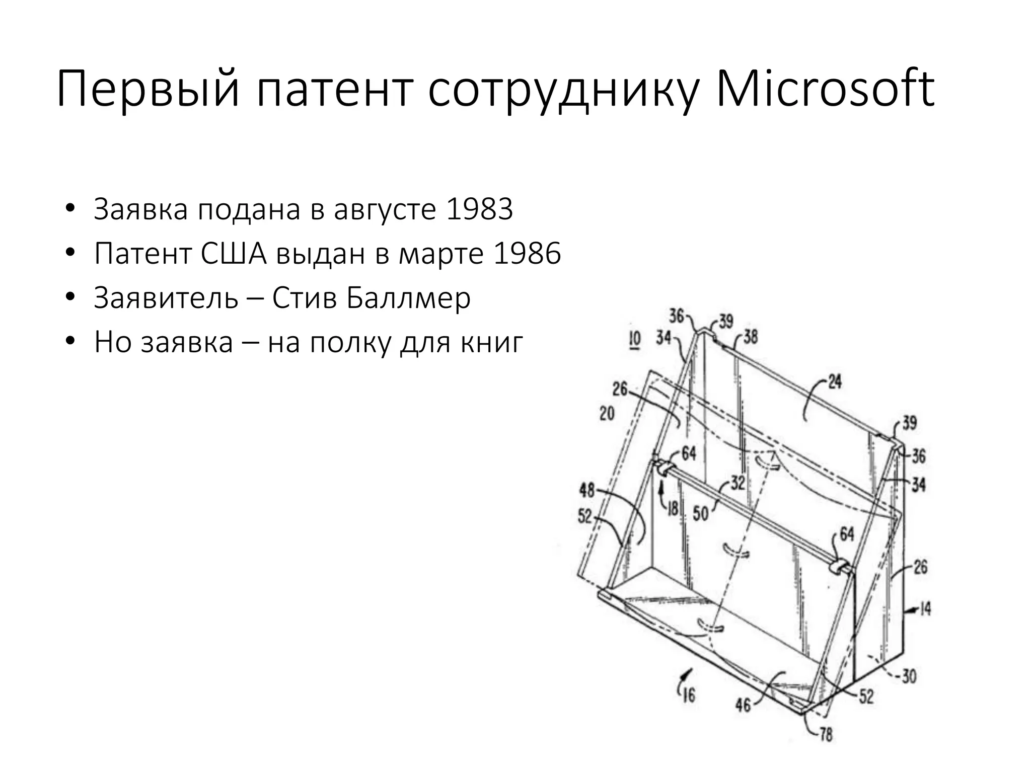Первый патент сотруднику Microsoft
• Заявка подана в августе 1983
• Патент США выдан в марте 1986
• Заявитель – Стив Баллмер
• Но заявка – на полку для книг
 