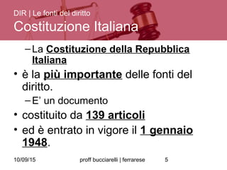 10/09/15 proff bucciarelli | ferrarese 5
–La Costituzione della Repubblica
Italiana
• è la più importante delle fonti del
diritto.
–E’ un documento
• costituito da 139 articoli
• ed è entrato in vigore il 1 gennaio
1948.
DIR | Le fonti del diritto
Costituzione Italiana
 