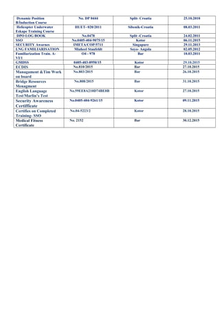 Dynamic Position
B/Induction Course
No. DP 0444 Split- Croatia 25.10.2010
Helicopter Underwater
Eskape Training Course
HUET- 020/2011 Sibenik-Croatia 08.03.2011
DPO LOG BOOK No.0478 Split -Croatia 24.02.2011
SSO No.0405-404-9075/15 Kotor 06.11.2015
SECURITY Awarnes IMETA/COP/5711 Singapure 29.11.2013
LNG FAMILIARISATION Miaheel Staufeldt Soyo- Angola 02.05.2012
Familiarization Train. A-
VI/1
O4 - 978 Bar 10.03.2011
GMDSS 0405-403-8950/15 Kotor 29.10.2015
ECDIS No.810/2015 Bar 27.10.2015
Managament &Tim Work
on board
No.803/2015 Bar 26.10.2015
Bridge Resources
Menagment
No.808/2015 Bar 31.10.2015
English Language
Test/Marlin’s Test
No.59EE8A210D74BE8B Kotor 27.10.2015
Security Awareness
Certifficate
No.0405-404-9261/15 Kotor 09.11.2015
Certifies on Completed
Training- SSO
No.04-5223/2 Kotor 28.10.2015
Medical Fitness
Certificate
No. 2152 Bar 30.12.2015
 