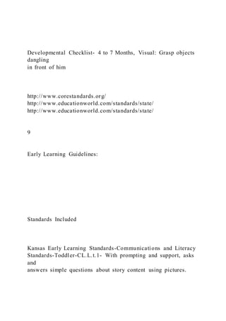Developmental Checklist- 4 to 7 Months, Visual: Grasp objects
dangling
in front of him
http://www.corestandards.org/
http://www.educationworld.com/standards/state/
http://www.educationworld.com/standards/state/
9
Early Learning Guidelines:
Standards Included
Kansas Early Learning Standards-Communications and Literacy
Standards-Toddler-CL.L.t.1- With prompting and support, asks
and
answers simple questions about story content using pictures.
 