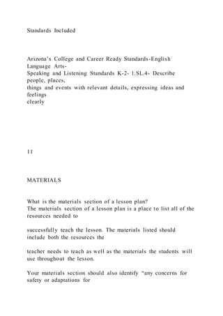 Standards Included
Arizona’s College and Career Ready Standards-English
Language Arts-
Speaking and Listening Standards K-2- 1.SL.4- Describe
people, places,
things and events with relevant details, expressing ideas and
feelings
clearly
11
MATERIALS
What is the materials section of a lesson plan?
The materials section of a lesson plan is a place to list all of the
resources needed to
successfully teach the lesson. The materials listed should
include both the resources the
teacher needs to teach as well as the materials the students will
use throughout the lesson.
Your materials section should also identify “any concerns for
safety or adaptations for
 