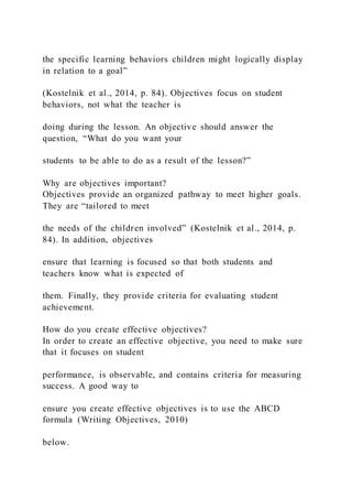 the specific learning behaviors children might logically display
in relation to a goal”
(Kostelnik et al., 2014, p. 84). Objectives focus on student
behaviors, not what the teacher is
doing during the lesson. An objective should answer the
question, “What do you want your
students to be able to do as a result of the lesson?”
Why are objectives important?
Objectives provide an organized pathway to meet higher goals.
They are “tailored to meet
the needs of the children involved” (Kostelnik et al., 2014, p.
84). In addition, objectives
ensure that learning is focused so that both students and
teachers know what is expected of
them. Finally, they provide criteria for evaluating student
achievement.
How do you create effective objectives?
In order to create an effective objective, you need to make sure
that it focuses on student
performance, is observable, and contains criteria for measuring
success. A good way to
ensure you create effective objectives is to use the ABCD
formula (Writing Objectives, 2010)
below.
 