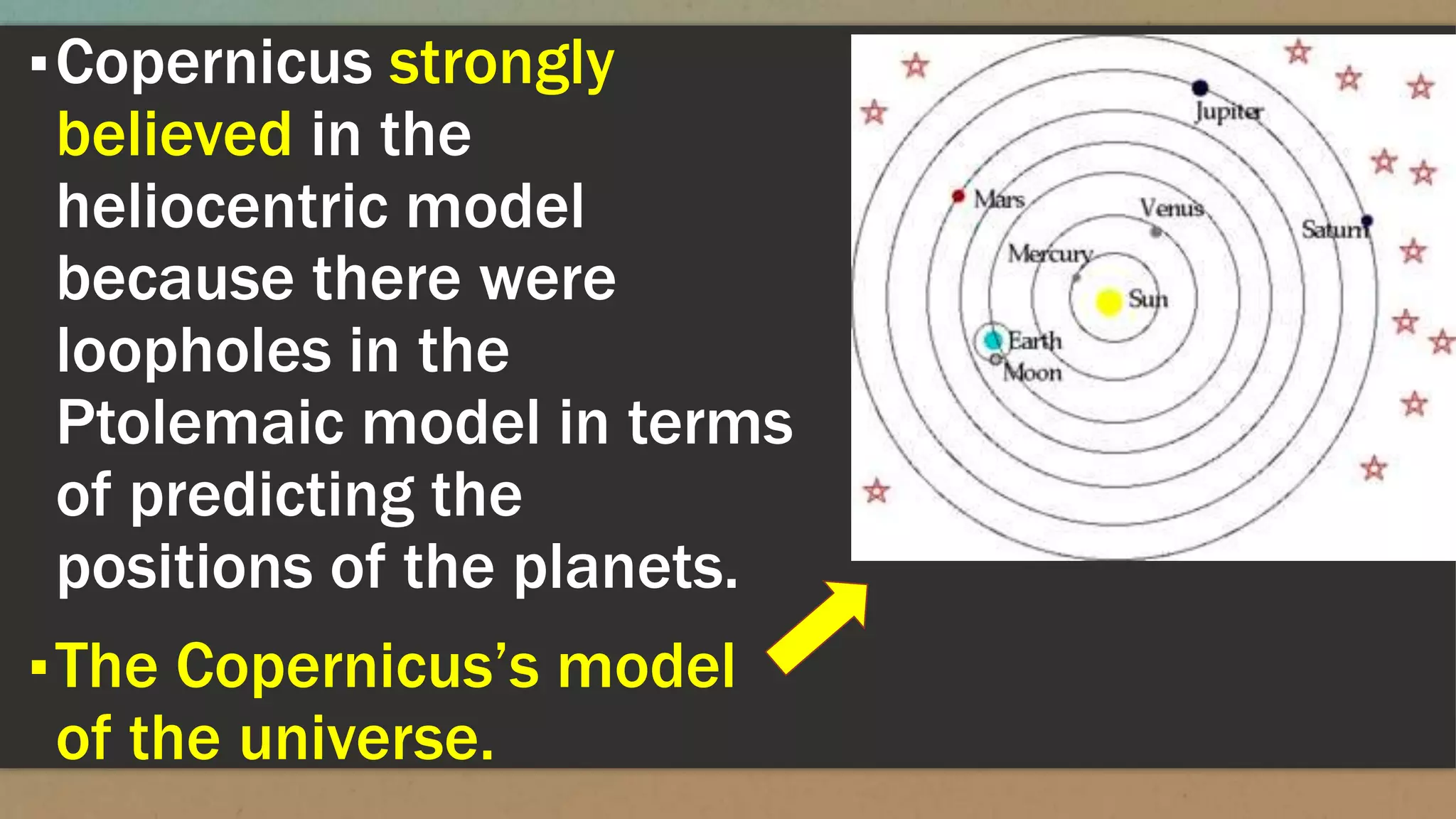 ▪Copernicus strongly
believed in the
heliocentric model
because there were
loopholes in the
Ptolemaic model in terms
of predicting the
positions of the planets.
▪The Copernicus’s model
of the universe.
 