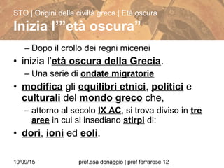 10/09/15 prof.ssa donaggio | prof ferrarese 12
– Dopo il crollo dei regni micenei
• inizia l’età oscura della Grecia.
– Una serie di ondate migratorie
• modifica gli equilibri etnici, politici e
culturali del mondo greco che,
– attorno al secolo IX AC, si trova diviso in tre
aree in cui si insediano stirpi di:
• dori, ioni ed eoli.
STO | Origini della civiltà greca | Età oscura
Inizia l’”età oscura”
 