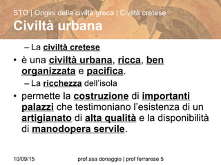 10/09/15 prof.ssa donaggio | prof ferrarese 5
– La civiltà cretese
• è una civiltà urbana, ricca, ben
organizzata e pacifica.
– La ricchezza dell’isola
• permette la costruzione di importanti
palazzi che testimoniano l’esistenza di un
artigianato di alta qualità e la disponibilità
di manodopera servile.
STO | Origini della civiltà greca | Civiltà cretese
Civiltà urbana
 