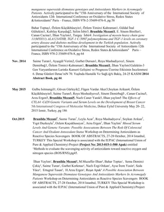 manganese superoxide dismutase genotypes and Antioxidants Markers in Acromegaly
Patients. Actively participated to the ''15th Anniversary of the International Society of
Antioxidants 12th International Conference on Oxidative Stress, Redox States
&Antioxidants'' Paris – France, ISBN 978-2-35609-076-8, pg 58
Bahar Toptaş1, Özlem Küçükhüseyin1, Özlem Timirci Kahraman1, Güldal İnal
Gültekini1, Kubilay Karşıdağ2, Selim İsbir3, Brunilda Mezani1, E. Sinem Bireller1,
Canan Cacina1, İlhan Yaylım1, Turgay İsbir4. Ivestigation of myosin heavy chain gene
11(MYH11) ALA1234THR, TGF-1 C-509T polymorphisma and TGF-1 levels on coronary
artery disease and diabetes mellitus development in the Turkish population. Actively
participated to the ''15th Anniversary of the International Society of Antioxidants 12th
International Conference on Oxidative Stress, Redox States &Antioxidants'' Paris –
France, ISBN 978-2-35609-076-8, pg 64
Nov. 2014 Saime Turan1, Ayşegül Verim2, Gurbet Dursun1, Roya Mashadiyeva1, Sinem
Demirbağ1, Özlem Timirci-Kahraman1, Brunilda Mezani1, İlhan Yaylım1Galektin-3
Gen Varyantlarının Larinks Kanseri Gelişimi ve Prognozu Üzerine Etkisinin İncelenmesi
6. Detae Günlerı̇ Detae’nı̇N 70. YaşInda Hastalik Ve SağLiğA Bakiş, 24-25 KASIM 2014
Abstract Book, pg 44.
May 2015 Gulbu Isitmangil1, Güven Gürleyik2, Fügen Vardar Aker3,Soykan Arikan4, Özlem
Küçükhüseyin5, Saime Turan5, Roya Meshediyeva5, Sinem Demirbağ5 , Canan Cacina5,
Arzu Ergen5, Brunilda Mezani5, Nazlı Caner Yanık5, Ilhan yaylım5 The Effects of
CTLA4 -Cd28 Genetic Variants and Serum Levels on the Development of Breast Cancer
5th International Congress of Molecular Medicine, Dokuz Eylul University May 20- 22,
2015 Izmir, Turkey, pg 186
Oct.2015 Brunilda Mezani1
, Saıme Turan1
, Leyla Acar1
, Roya Mashadıyeva1
, Soykan Arıkan2
,
Yıgıt Duzkoylu2
, Ozlem Kuçukhuseyın1
, Arzu Ergen1
, Ilhan Yaylım1
Mnsod Serum
Levels And Genetıc Varıants: Possıble Assocıatıons Between The Rısk Of Colorectal
Cancer And Oxıdant-Antıoxıdant Status Workshop on Determining Antioxidants as
Reactive Species Scavengers BOOK OF ABSTRACTS, 27-28 October, 2014 Istanbul,
TURKEY This Special Workshop is associated with the IUPAC (International Union of
Pure & Applied Chemistry) Project (Project No: 2013-015-1-500 Apak) entitled
‘Methods to evaluate the scavenging activity of antioxidants toward reactive oxygen and
nitrogen species (ROS/RNS),pg45.
İlhan Yaylım¹, Brunilda Mezani¹, M.Muzaffer Ilhan², Bahar Toptas¹, Sema Demirci
Çekiç³, Saime Turan¹, Gurbet Korkmaz¹, Nazlı Ezgi Ozkan¹, Ayse İrem Yasin², Seda
Yüce², Ertugrul Tasan², H.Arzu Ergen¹, Reşat Apak³ A Possible Association Between
Manganese Superoxide Dismutase Genotypes And Antioxidants Markers In Acromegaly
Patients Workshop on Determining Antioxidants as Reactive Species Scavengers BOOK
OF ABSTRACTS, 27-28 October, 2014 Istanbul, TURKEY This Special Workshop is
associated with the IUPAC (International Union of Pure & Applied Chemistry) Project
 