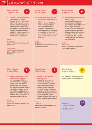 113. Karnataka – The IT Hub and beyond
The IT capital of the country,
Karnataka stands ﬁrst among all the
states of India in terms of revenue
generated from software exports. It
has been quick in adopting digital
technologies for improving delivery in
a range of areas like in education
and tourism. It is also famous for its
rich culture and beautiful beaches.
What does it have to offer next?
Invited:
Chief Guest:
Hon'ble Chief Minister of Karnataka, Shri
Siddaramaiah
Guest of Honor:
Hon'ble State Minister for Higher
Education & Tourism, Shri R.V.
Deshpande
Plenary Session
4:00pm-5.00pm
26
Plenary Session
3:00pm-4.00pm
DAY 4: SUNDAY, 10TH MAY 2015
Plenary Session
5:00pm-6.00pm
114. Andhra Pradesh: a new-born State -
opportunities for new dimensions in
growth.
Led by the dynamic “CEO” Chief
Minister, Hon'ble Chandrababu
Naidu, known for his magical
turnarounds of adversities into
opportunities, what new dimensions
will be added to the India growth
story as Andhra Pradesh, the newly
carved out State heads toward its
Vision 2020.
Invited:
Chief Guest:
Hon'ble Chief Minister of Andhra Pradesh,
Shri Chandrababu Naidu
115. Maharashtra: the ﬁnance capital and
leading in growth
Maharashtra is India's economic
powerhouse, its most globally
connected and urbanized State, and
also the largest employment
provider. Its capital Mumbai has the
highest proportion of taxpayers in
India and its share markets transact
almost 70 per cent of the entire
country's stock. With a dynamic
Chief Minister at its helm, the story
can only get better.
Invited:
Chief Guest:
Hon'ble Chief Minister of Maharashtra,
Shri Devendra Fadnavis
P
116. Jharkhand: the mineral rich State
and the rising Sun of the east.
As the repository of 40% of the
nation's minerals, this young State
also has forests and woodlands
occupying more than 29% of the
state which is amongst the highest in
India. It will be exciting to see how
this rich albeit young State drives
change and growth for its large tribal
population and for solving issues of
poverty and educational access.
Invited:
Chief Guest:
Hon'ble Chief Minister of Jharkhand, Shri
Raghubar Das
Plenary Session
6:00pm-7.00pm
117. Haryana: the State with great
potential to grow
Haryana has been among the
economically developed and
industrialized States of India with
good economic growth, sound
industrial infrastructure, strong
manufacturing base, and advanced
agriculture sector. It is now in the
midst of ushering in more innovative
policies and projects to revive
business sentiment, boost quality of
life and unleash its greater potential.
Invited:
Chief Guest:
Hon'ble Chief Minister of Haryana, Shri
Manohar Lal Khattar
Plenary Session
7:00pm-8.00pm
Night Cap
10:00pm onwards
118. Bollywood Music
NC
P P
P P
Formal Dinner
8:00pm- 10:00pm
ALL delegates in their traditional formal
wear over dinner in the main Ballroom
D
 