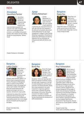 47DELEGATES
INDIA
Deepa Rao is an
author and is
currently writing a
book named 'The
Journey'; a spiritual
fiction genre.
Deepa Rao is also a TV writer and has
written several shows for AXN, Zoom,
9X, and film scripts. Deepa Rao is an Ex-
Times Of India journalist.
Deepa Rao
Bangalore
Lalitha Chacko is
the Founder-
Director of an
school HR
Consultancy and
Placement
Company called SCHOOL DIRECT. An
advisory board comprising Educators,
Trainers, Principals and Management
teams is in place to ensure that the
Organization is kept on the straight and
narrow. Each member of the Advisory
Board has worked extensively with
teachers and brings to the forum a
separate, individual and unique quality.
Collectively they believe that a teaching
professional with sound training and
monitoring would produce a literate and
understanding teacher who in turn shapes
the lives of students and the progress of
the Nation.
Lalitha Chacko
Bangalore
Chapter Committee Chair,
Education
Boney Rao began
her career with
Oakridge in 2001
and has 10 years of
IB PYP experience
in diverse
disciplines - Home room teaching, team
leader and segment coordination. Boney
has wide range of experience in the field
of content development, performing arts,
visual arts, and physical education. Boney
Rao is also recognized for her active
involvement in organizing significant
school events, schedules and general
administration of the school. Boney Rao
is known for her ability to expedite
leadership in teachers and students and
has also spearheaded the development of
SOPs standardization.
Boney Rao
Bangalore
With 24 years of
experience in the
Service Industry,
Priya Vishwanathan
has been handling a
Regional Portfolio
with the Taj Group in Bangalore from the
last 8 years and has helped the
organization deliver a better Group
Management Strategy and work with a
team focused on insight generation,
proactive customer engagement and
process management driving usage of
Quality Tools and Business Process Re-
engineering to bring Business Excellence.
Her core competence is in Customer
Service/Experience Management. As
Senior Assessor in Business Excellence,
she has completed Eight External
Assessment of Tata Companies. She has
also served as a Guest Speaker in different
forums.
Priya Vishwanathan
Bangalore
Chapter Comiitte Chair,
Social Justice and Buliding Livelyhoods
Anshika
Maheshwari is a
freelance artist and
owner at AAArts.
With over a decade
of work experience
in performing arts, she had the fortune to
work with more than 500 companies in
the USA and the Australian subcontinent.
Anshika Maheshwari has also taught
management in colleges in India. Anshika
Maheshwari specializes in Recruitment &
Headhunting, EDI Analysis and Teaching
Operations and has showcased her
entrepreneurial skills with AAArts since
2013.
Anshika Maheshwari
Ajmer
Vasundhara
Panchal is a
teacher who
compassionately
works as with
students, and a
supervisor balancing growth and
outcomes. She works compassionately
with her son's upbringing and she
envisions - up to building a strong bond
between other mothers and their children,
through her social enterprise, “Mothers
Circle”
Vasundhara Panchal
Ahmedabad
Chapter Chairperson, Ahmedabad
 