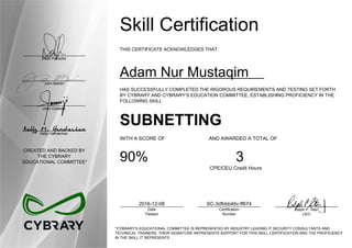 Dean Pompilio
John Martin
John Oyeleke
Kelly Handerhan
CREATED AND BACKED BY
THE CYBRARY
EDUCATIONAL COMMITTEE*
Skill Certification
THIS CERTIFICATE ACKNOWLEDGES THAT
Adam Nur Mustaqim
HAS SUCCESSFULLY COMPLETED THE RIGOROUS REQUIREMENTS AND TESTING SET FORTH
BY CYBRARY AND CYBRARY’S EDUCATION COMMITTEE, ESTABLISHING PROFICIENCY IN THE
FOLLOWING SKILL
SUBNETTING
WITH A SCORE OF AND AWARDED A TOTAL OF
90% 3
CPE/CEU Credit Hours
2016-12-08
Date
Passed
SC-3dfbbb46c-ff674
Certification
Number
Ralph P. Sita
CEO
*CYBRARY’S EDUCATIONAL COMMITTEE IS REPRESENTED BY INDUSTRY LEADING IT SECURITY CONSULTANTS AND
TECHNICAL TRAINERS. THEIR SIGNATURE REPRESENTS SUPPORT FOR THIS SKILL CERTIFICATION AND THE PROFICIENCY
IN THE SKILL IT REPRESENTS
 