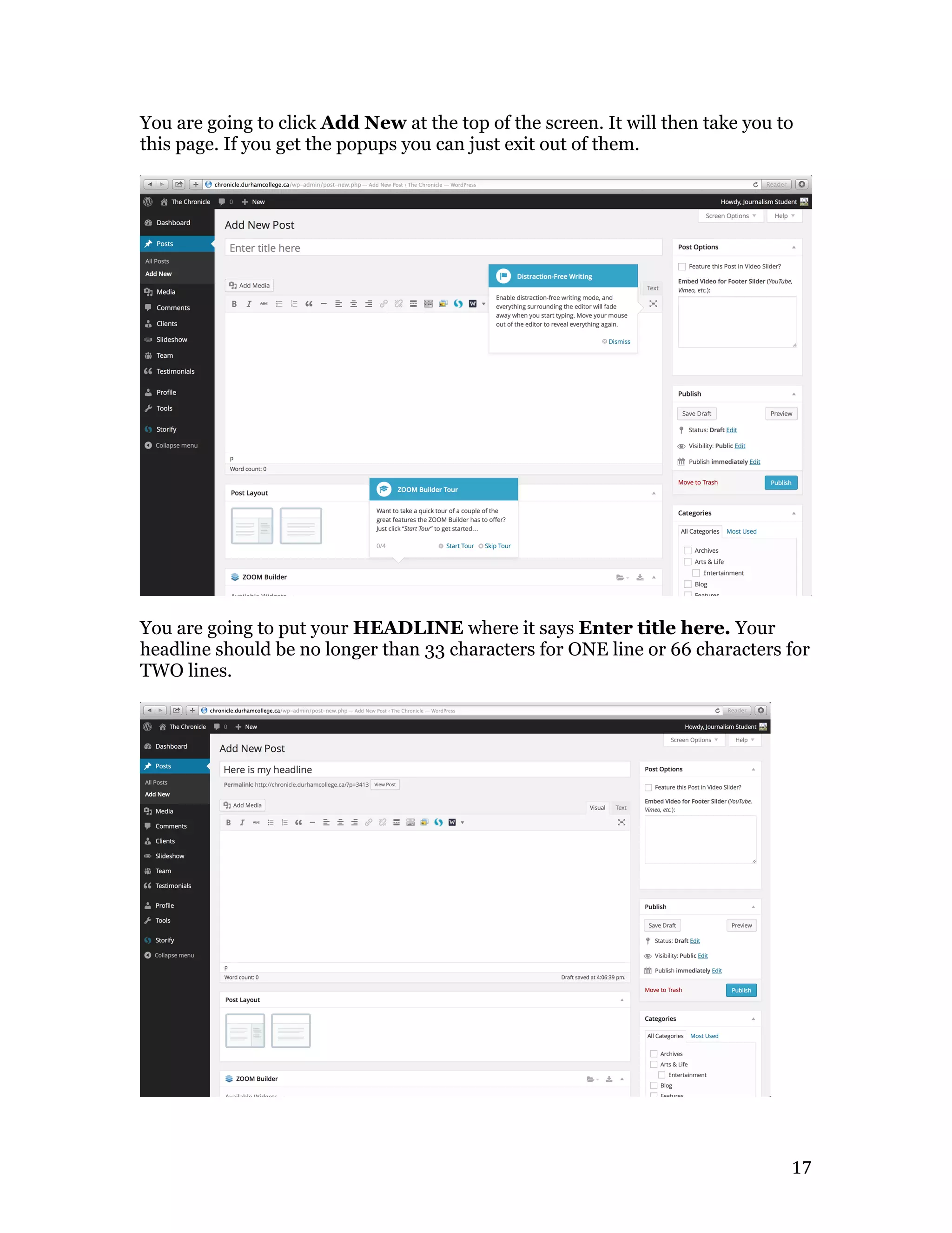   17	
  
You are going to click Add New at the top of the screen. It will then take you to
this page. If you get the popups you can just exit out of them.
You are going to put your HEADLINE where it says Enter title here. Your
headline should be no longer than 33 characters for ONE line or 66 characters for
TWO lines.
 