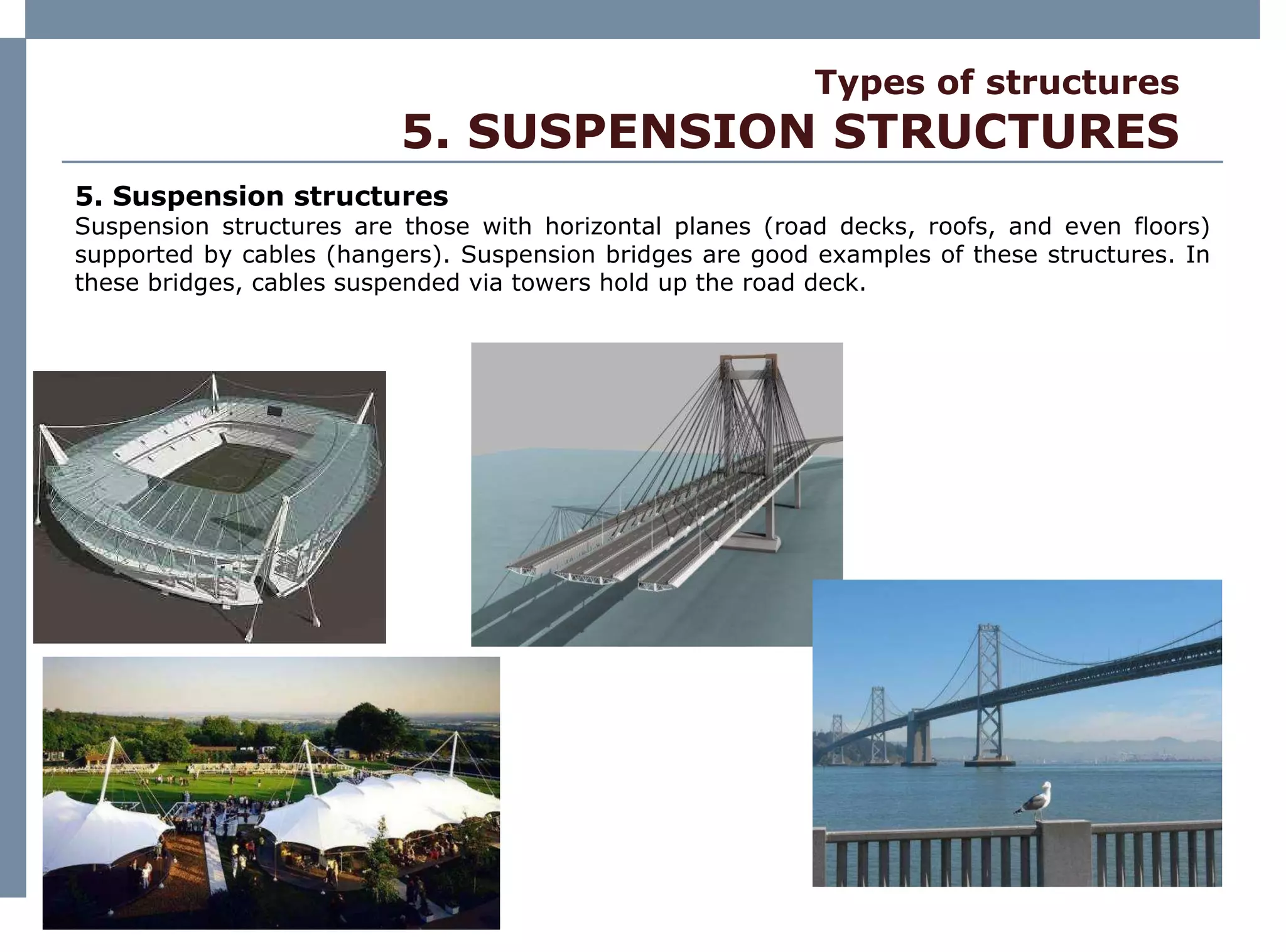 Types of structures 5. SUSPENSION STRUCTURES 5. Suspension structures   Suspension structures are those with horizontal planes (road decks, roofs, and even floors) supported by cables (hangers).  Suspension  bridges are good examples of these structures. In these bridges, cables suspended via towers hold up the road deck.   