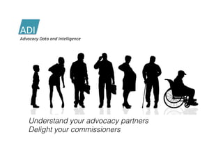 Understand your advocacy partners!
Delight your commissioners!
ADI	
  
Advocacy	
  Data	
  and	
  Intelligence	
  
 