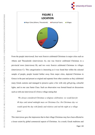 Page | 44
From the people interviewed, four were from/or celebrated Christmas in major cities such as
Athens and Thessaloniki (interviewees A), one was from/or celebrated Christmas in a
provincial town (interviewee B), and two were from/or celebrated Christmas in villages
(interviewees C). This categorization is interesting as it was found that within the selected
sample of people, people located further away from major cities, depicted Christmas in
Greece in the past and present as original and separate from other countries as they celebrated
many Greek customs and managed to preserve quite a few with only gift-giving, colourful
lights, and in one case Santa Claus. Such an observation was formed based on discussions
such as with one interviewee (C) from a village stating that
‘We always considered Christmas a religious celebration; we would fast for
40 days and attend midnight mass on Christmas Eve. On Christmas day we
would spend the day with family and relatives and end the night at a village
feast.’
This interviewee gave the impression that in that village Christmas may have been affected to
a lesser extent by global commercial aspects of Christmas. As a result, Greek traditions and
40%
10%
20%
FIGURE 1
LOCATION
Major Cities (Athens, Thessaloniki) Provincial Towns Villages
UP:11/09/2012-15:40:38WM:11/09/2012-15:41:56M:BE981-7-FYA:11a1R:1100895C:F6E39D60D741AF20083A061438CB20D9FD6F9BDE
 
