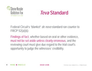 S K G F. C O M © 2016 Sterne, Kessler, Goldstein & Fox P.L.L.C. All Rights Reserved.8
Federal Circuit’s “blanket” de novo standard ran counter to
FRCP 52(a)(6):
Findings of fact, whether based on oral or other evidence,
must not be set aside unless clearly erroneous, and the
reviewing court must give due regard to the trial court's
opportunity to judge the witnesses’ credibility.
Teva Standard
 